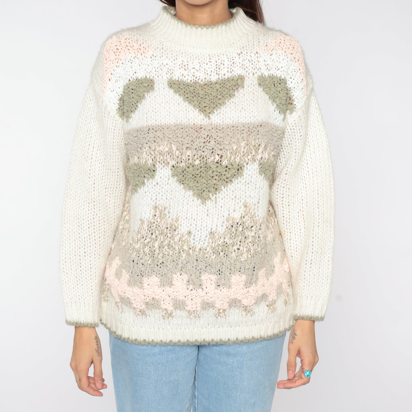 80s Geometric Mock Neck Sweater White Knit Pullover Small S