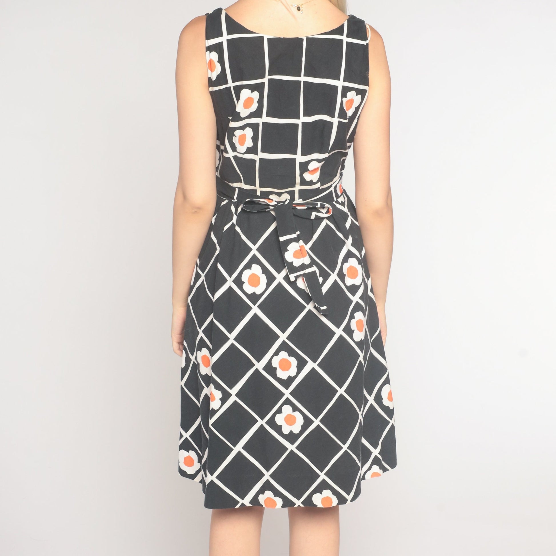 60s Black White Checkered Floral Mini Dress Sleeveless A-Line Extra Small