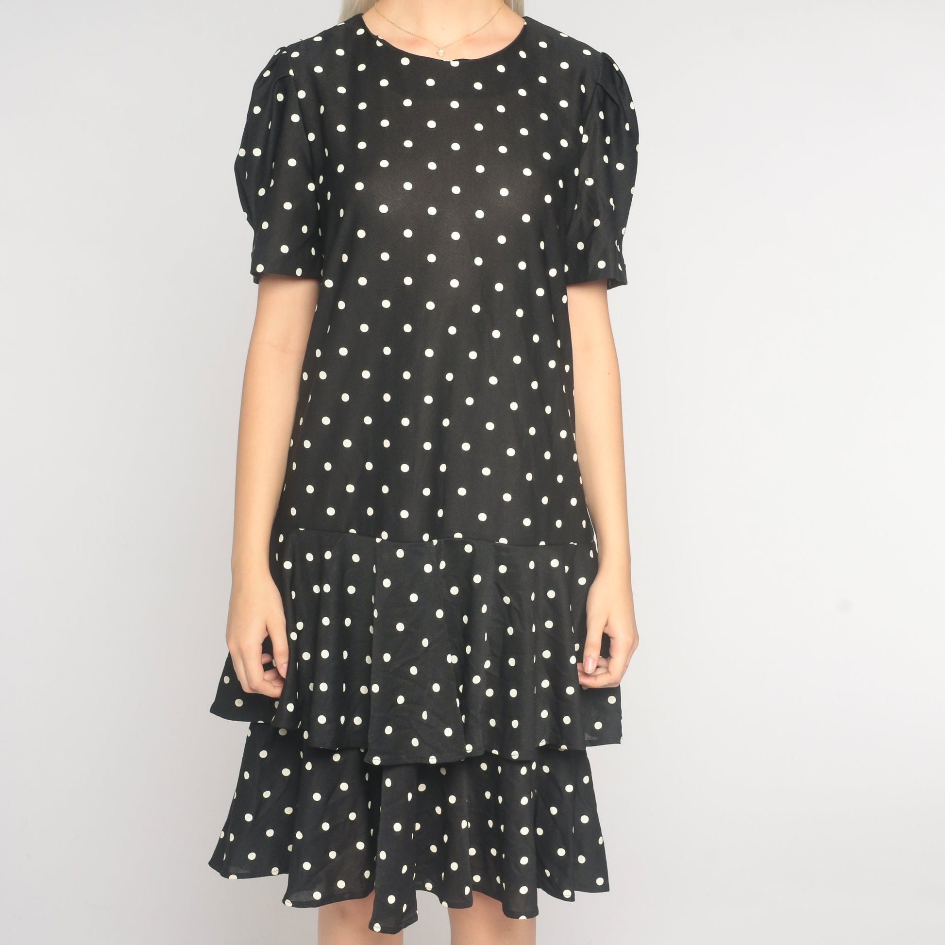 80s Black Polka Dot Tiered Dress Puff Sleeve Knee Length Large