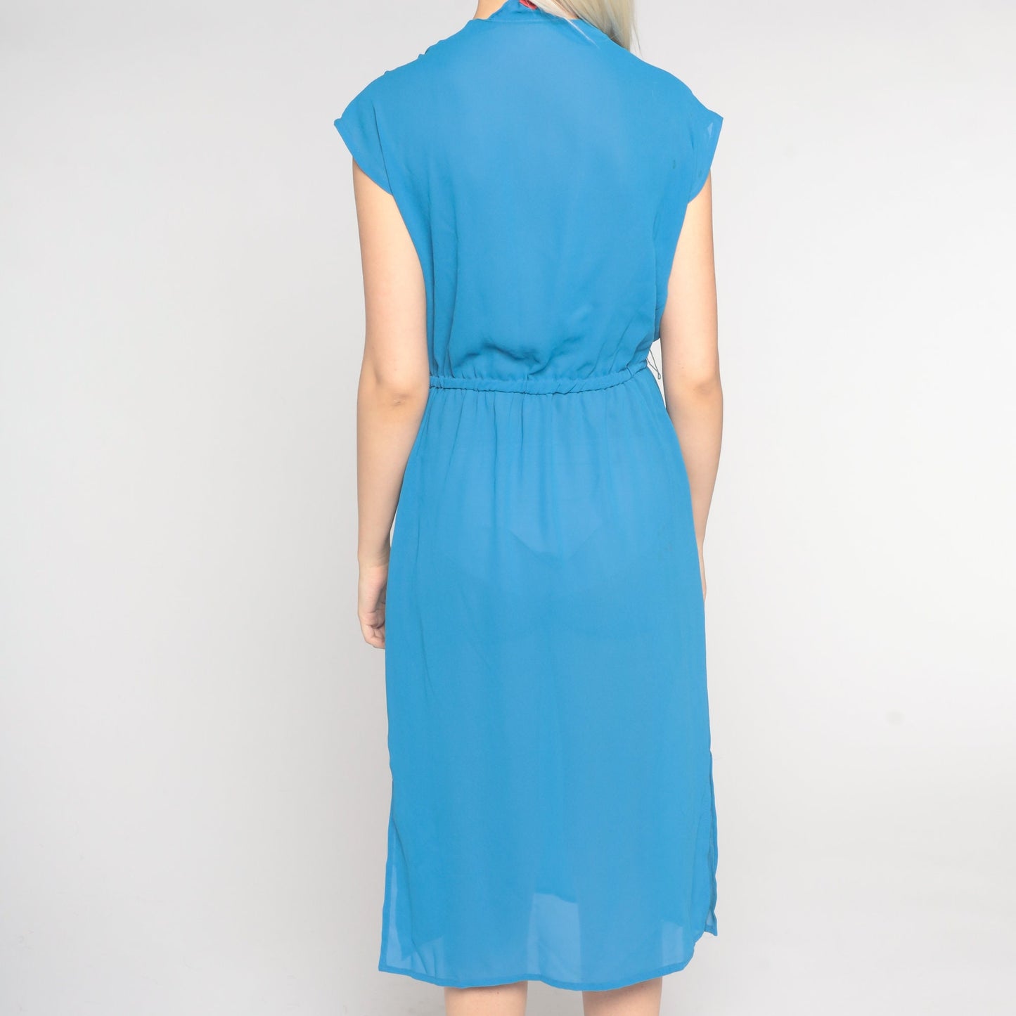 70s Blue Semi Sheer Midi Dress Cap Sleeve V Neck Elastic Waist Small