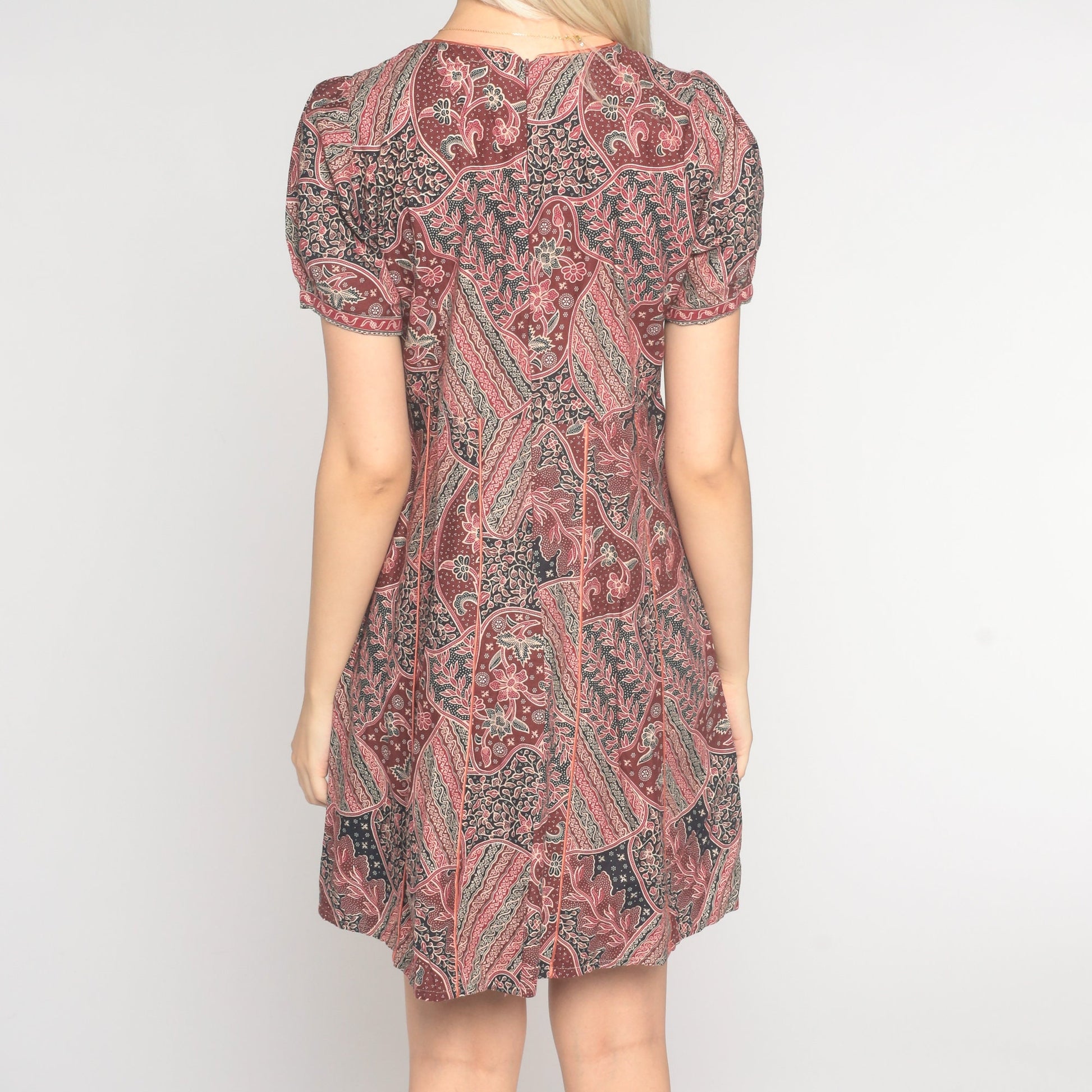 90s Batik Floral Mini Dress Puff Sleeve High Waist Cotton Red Medium M