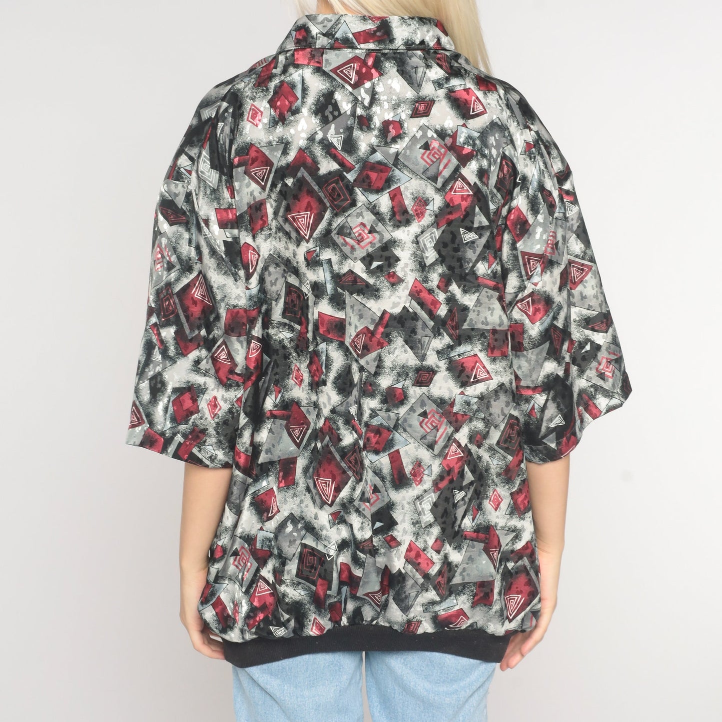 90s Abstract Geometric Polo Shirt Grey Red Collared Short Sleeve Extra Large XL