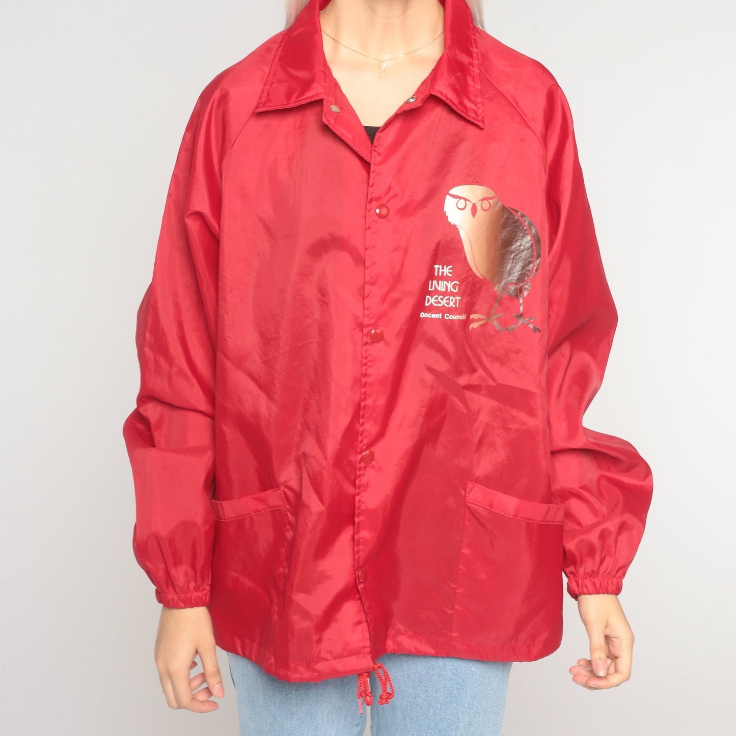 90s The Living Desert Owl Windbreaker Red Nylon Snap Jacket Medium
