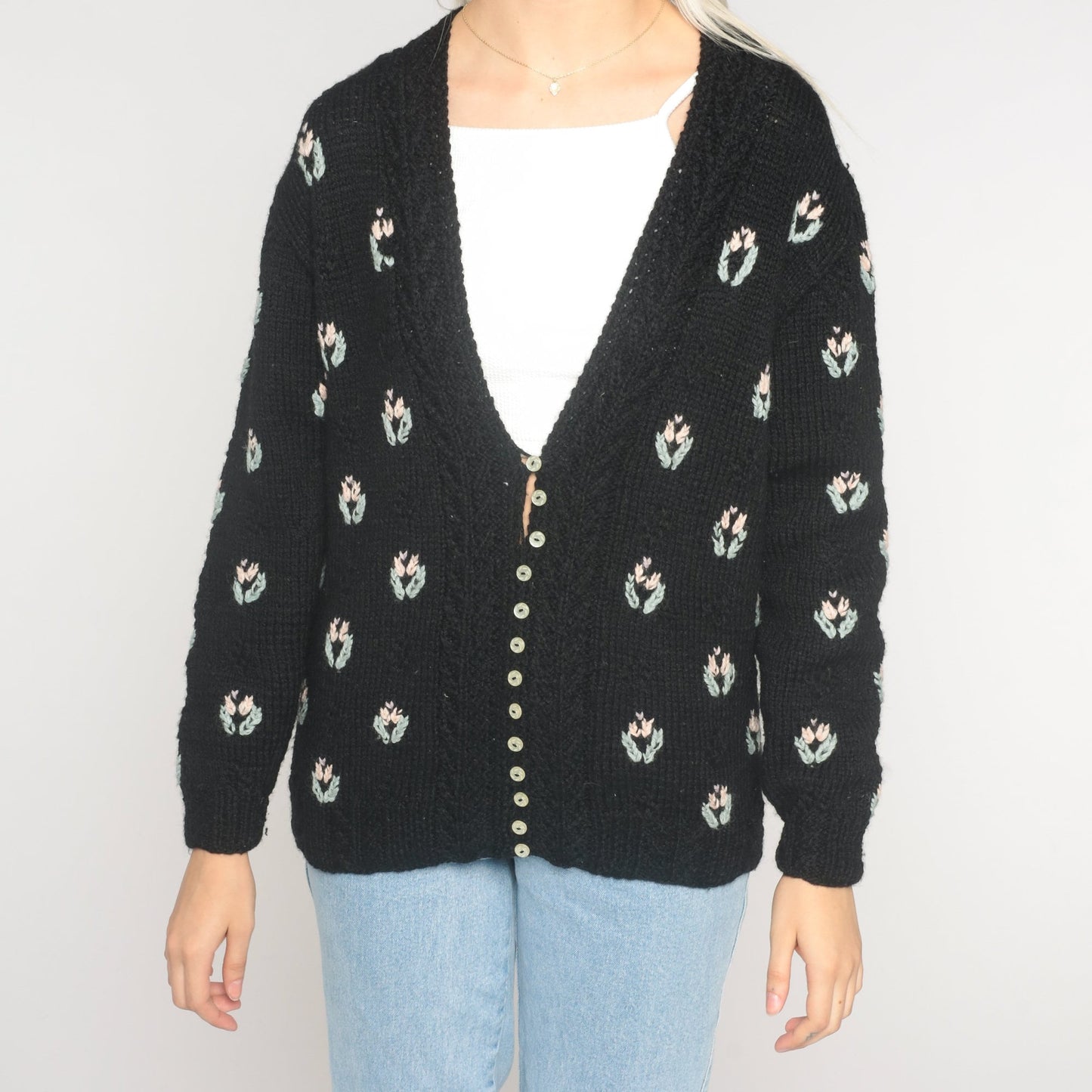 90s Black Wool Floral Cardigan Shell Button Knit Sweater Small S