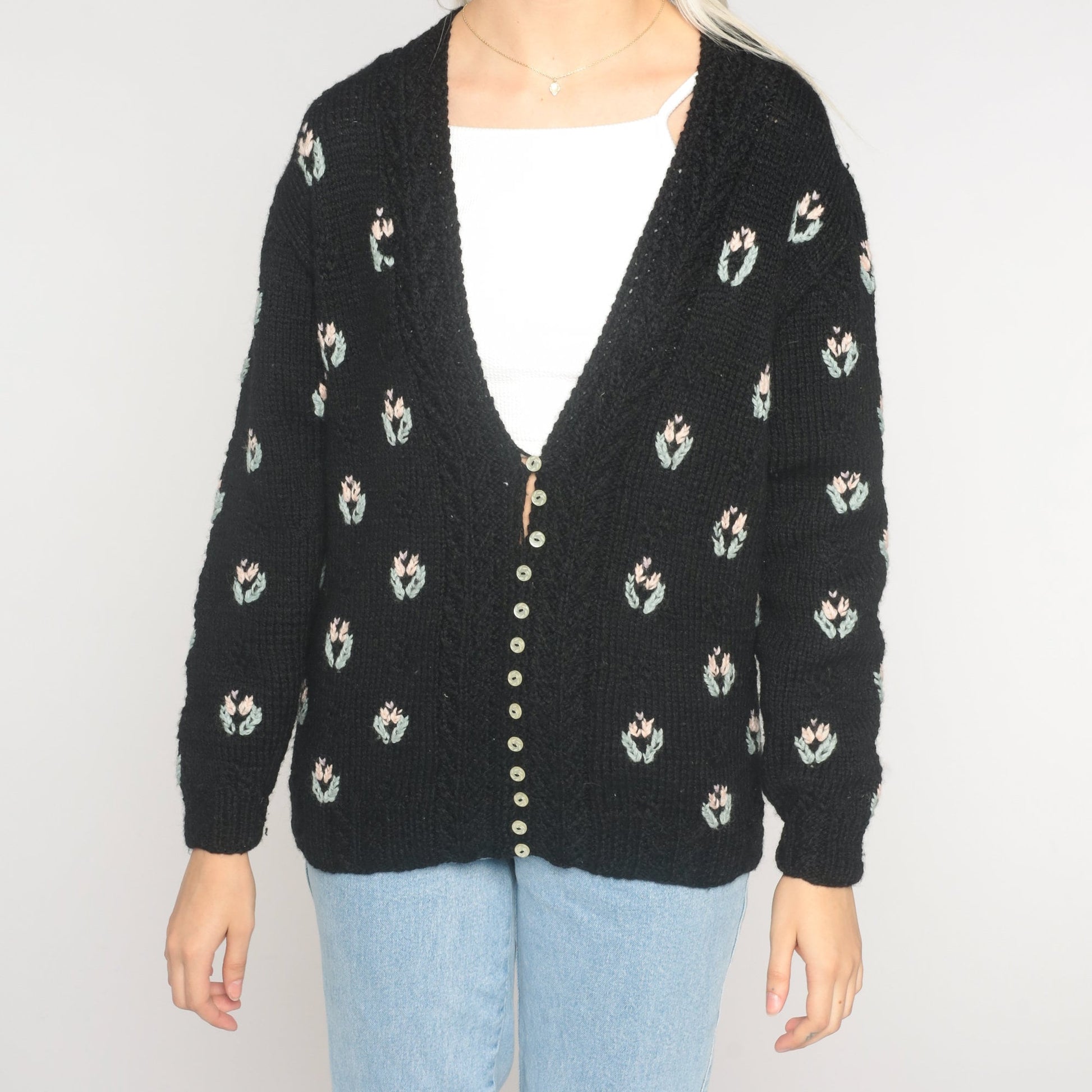 90s Black Wool Floral Cardigan Shell Button Knit Sweater Small S
