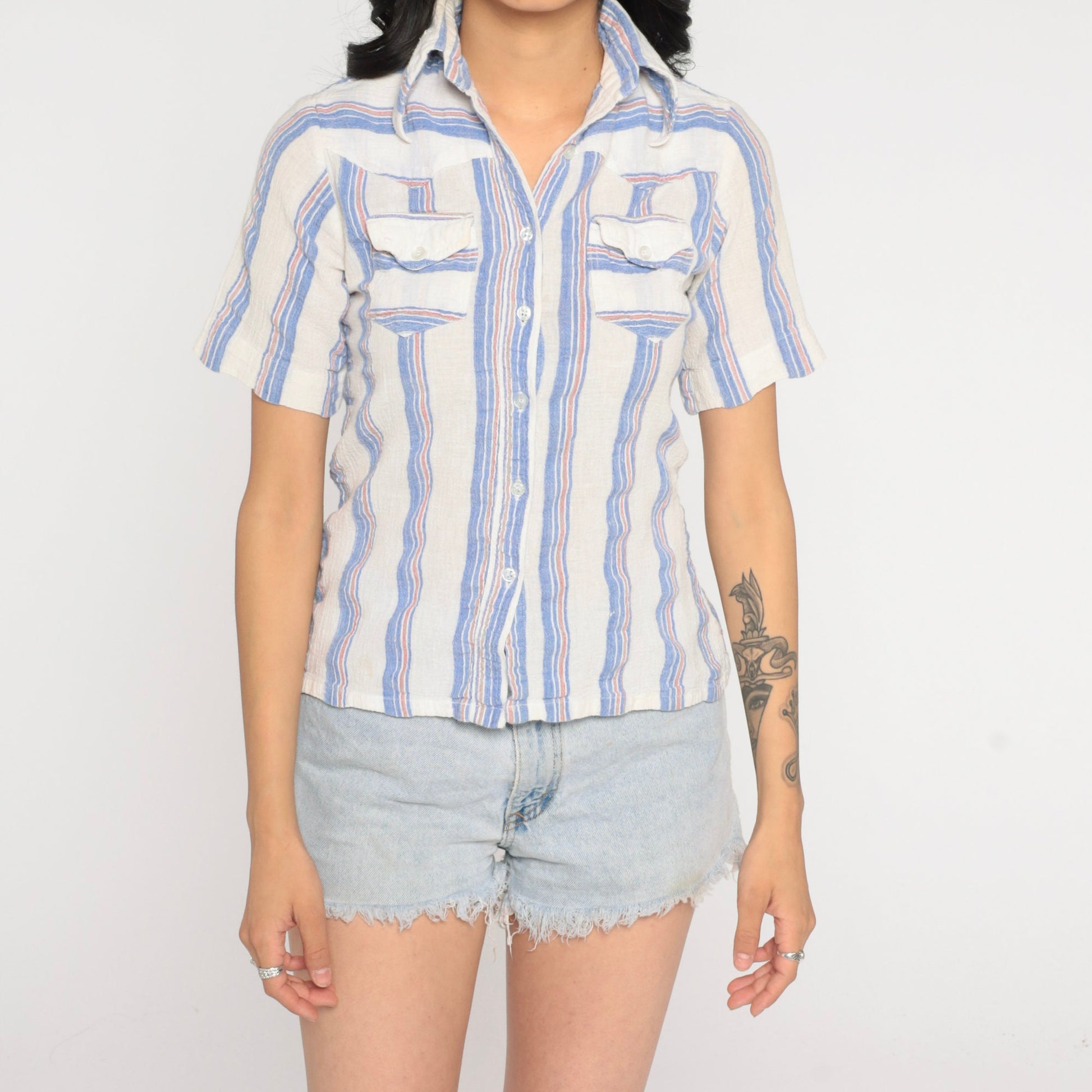 90s Striped Cotton Gauze Button Up Blouse Blue White Short Sleeve Extra Small