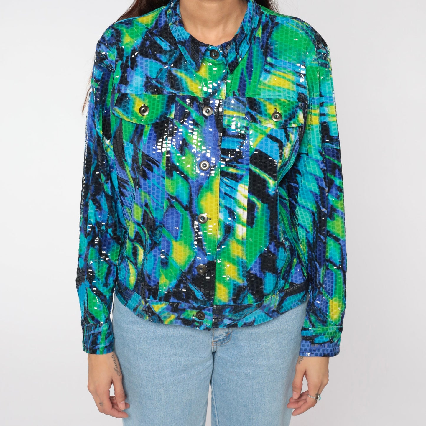 90s Faux Snakeskin Reversible Bomber Jacket Green Blue Geometric Petite Large