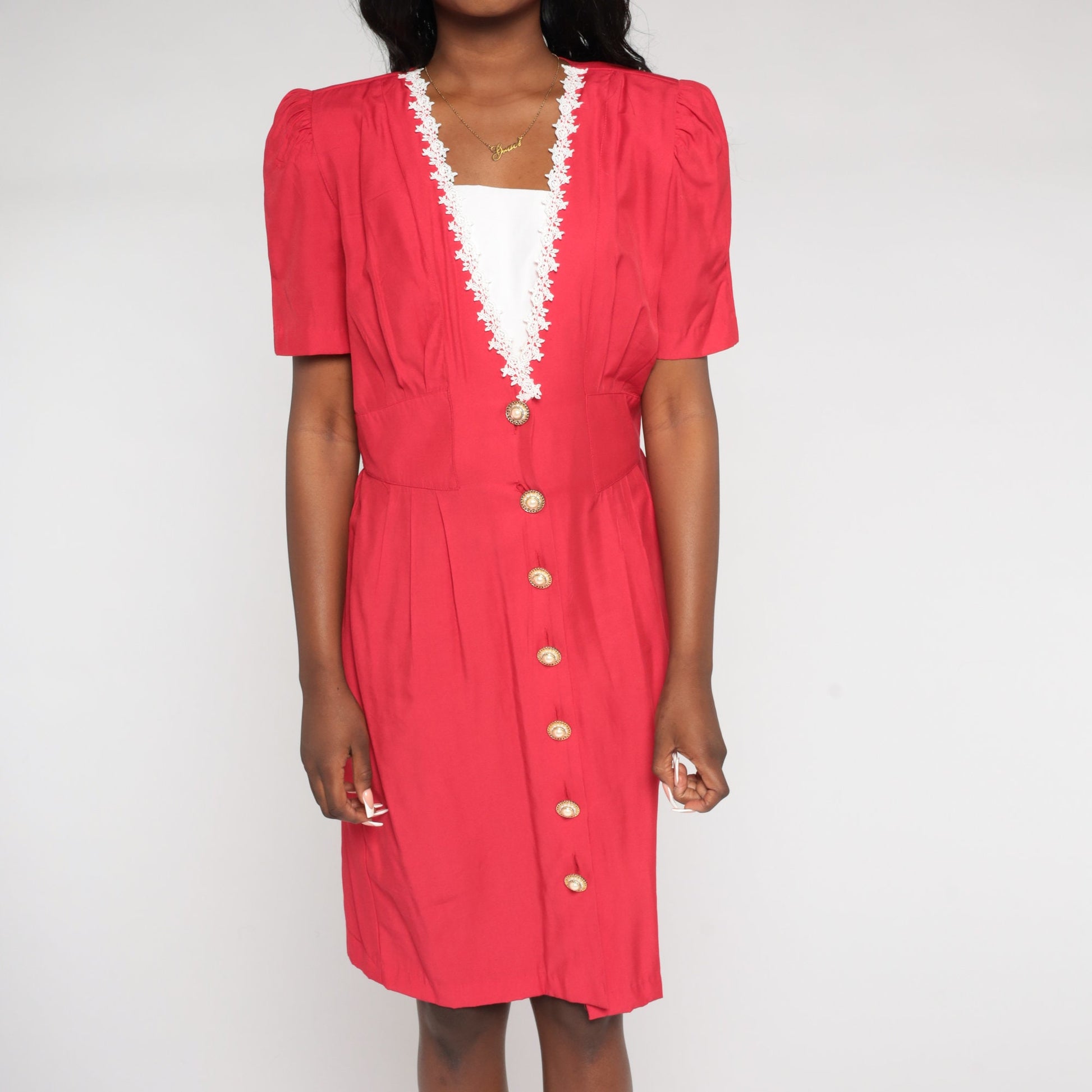 90s Red Midi Dress V Neck Puff Sleeve Button Up Lace Trim High Waist Small 6