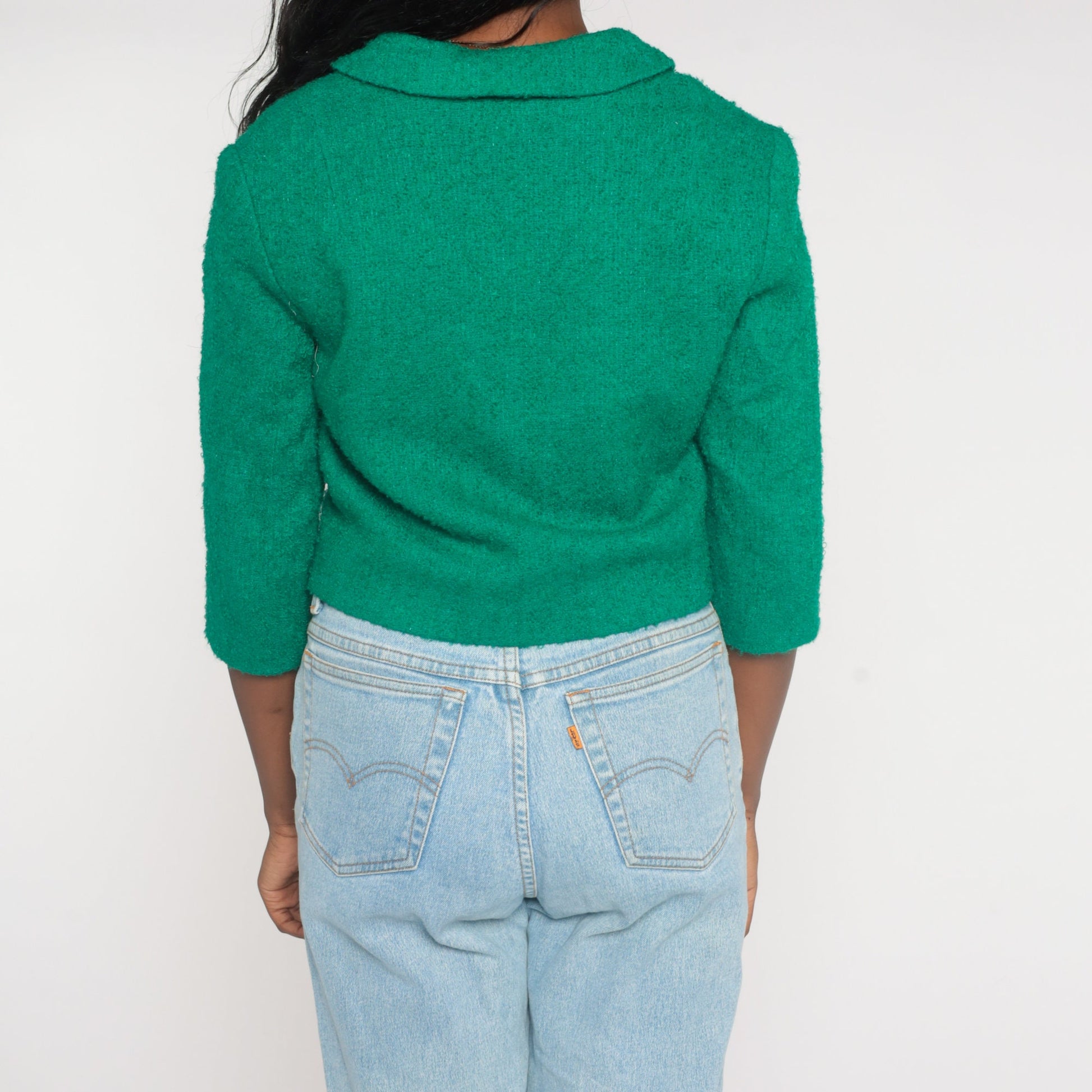 60s R & K Originals Green Wool Blend Blazer Cropped 3/4 Sleeve Small