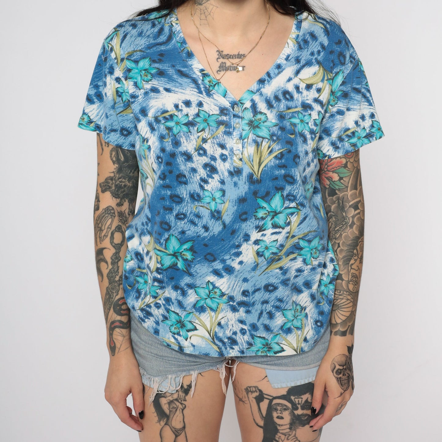 00s Tropical Floral Leopard Print Button-Up Blouse Blue Short Sleeve Small S