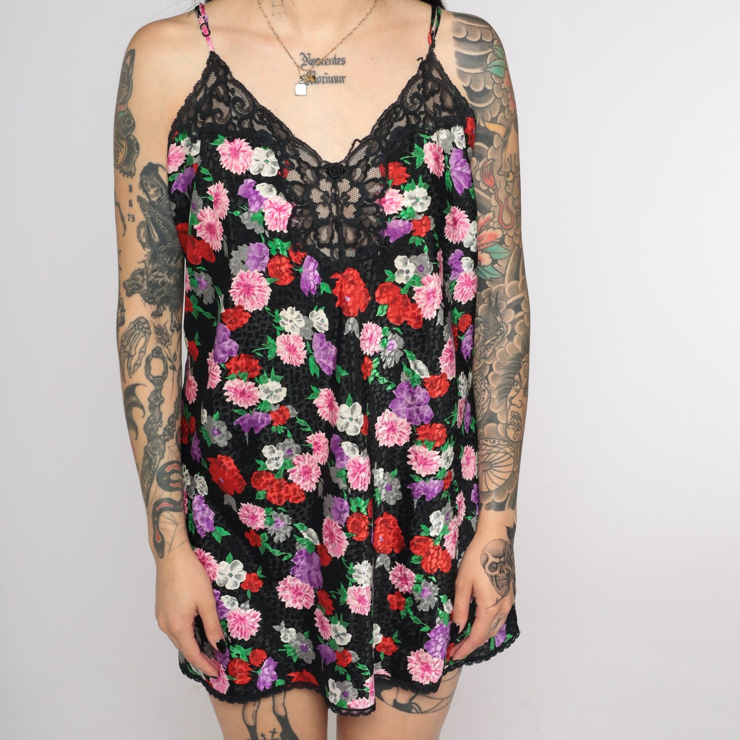 90s Black Floral Embossed Slip Dress Lace Trim Spaghetti Strap Mini Medium