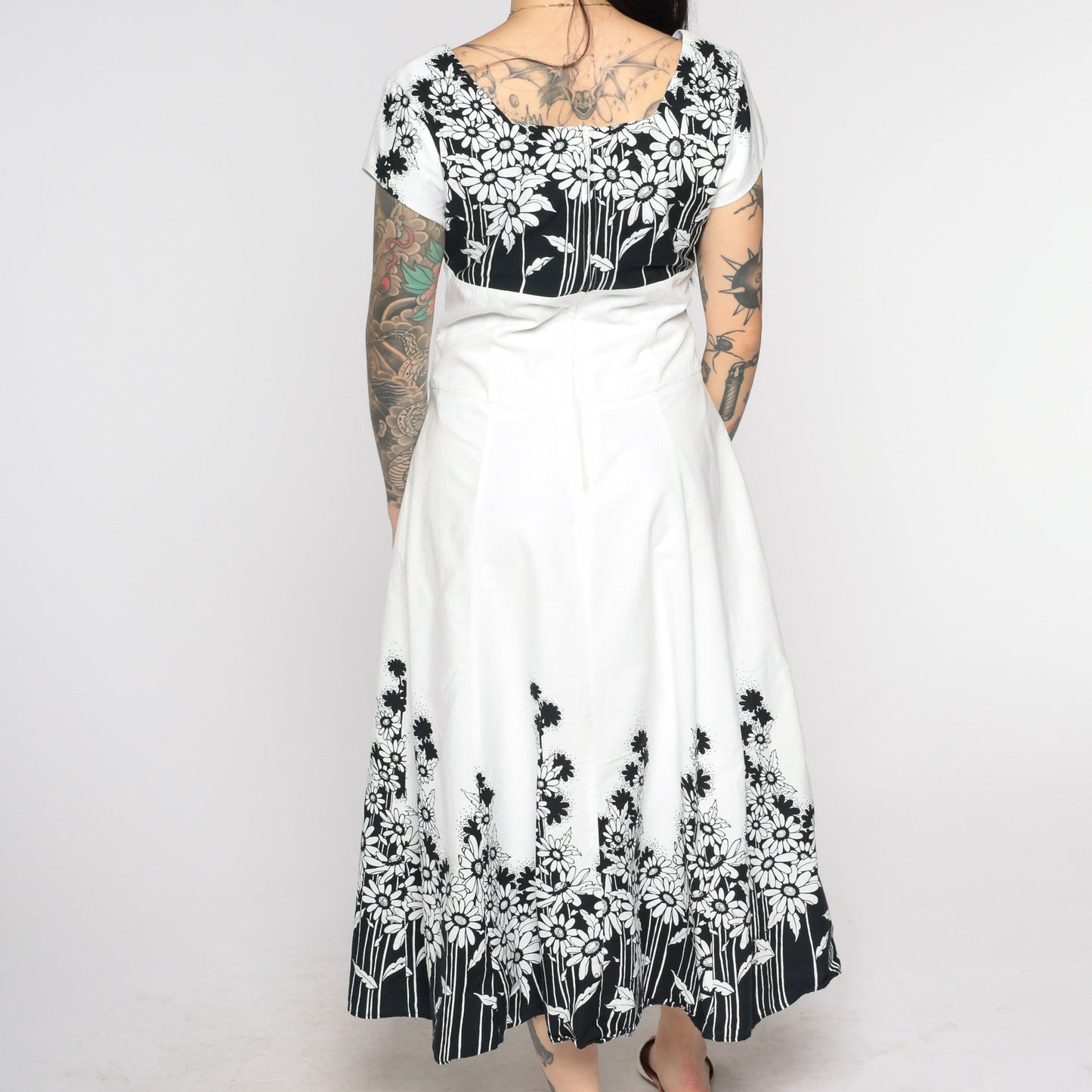 90s Jodi Of California Floral Midi Dress Black White Daisy Empire Waist Small