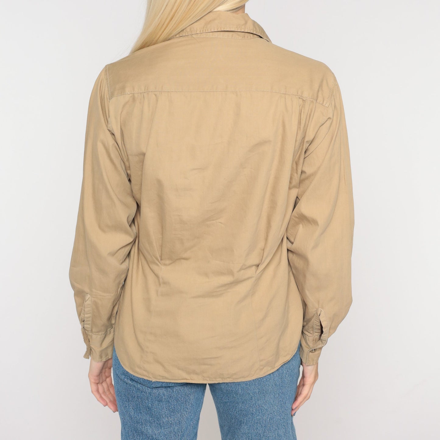 90s Tan Button-Up Shirt Long Sleeve Collared Blouse Small