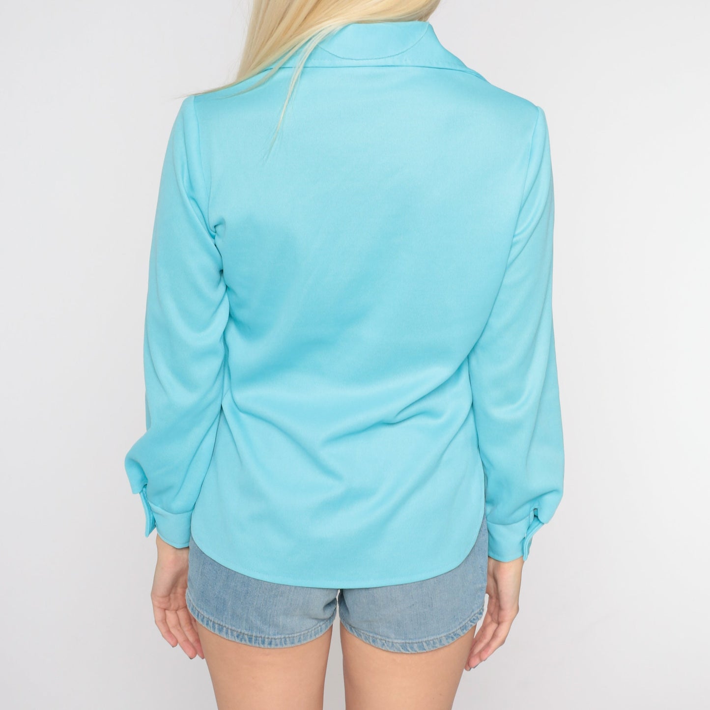 70s Blue Dagger Collar Button-Up Blouse Long Sleeve Small S
