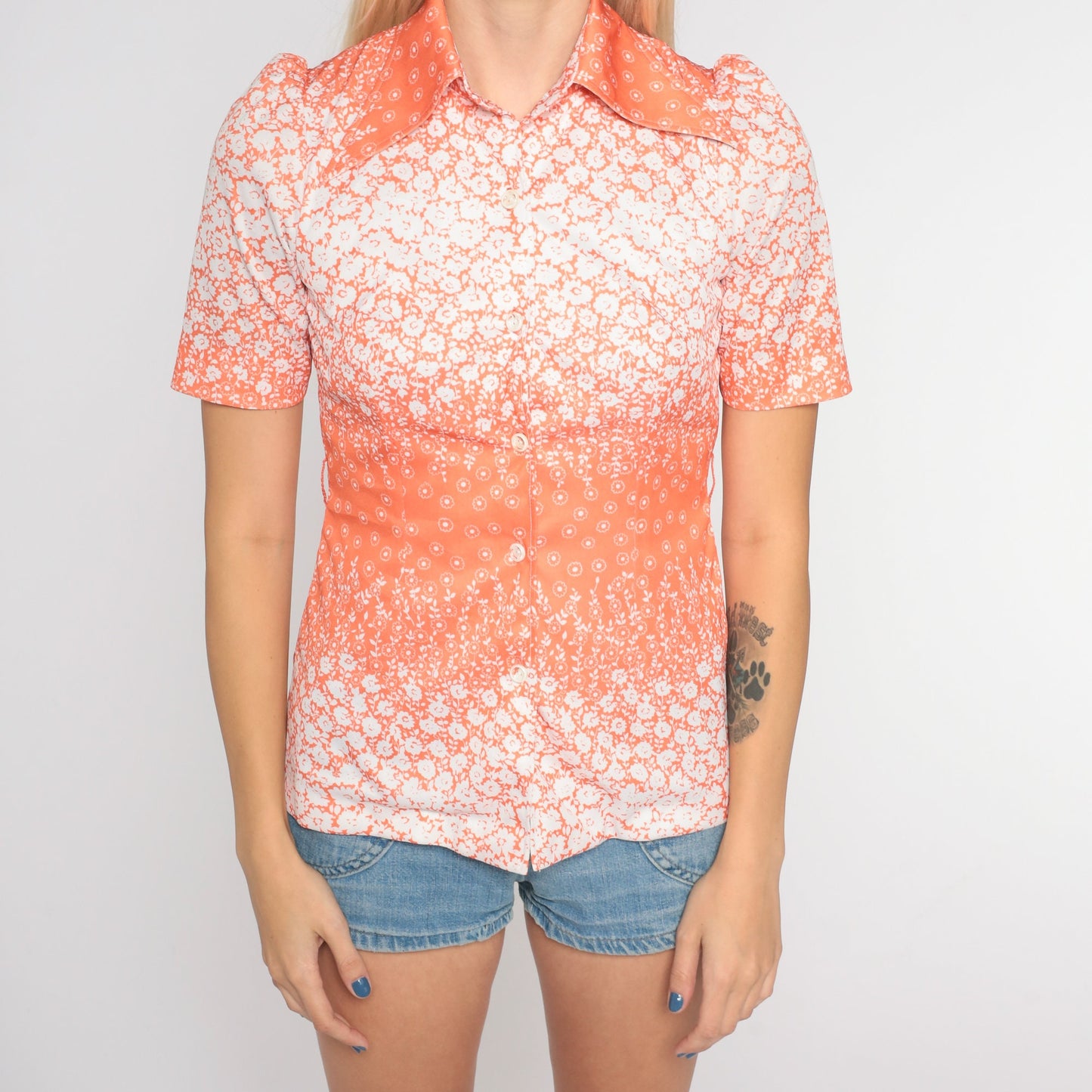 70s Orange Floral Button Up Blouse Puff Sleeve Dagger Collar Extra Small