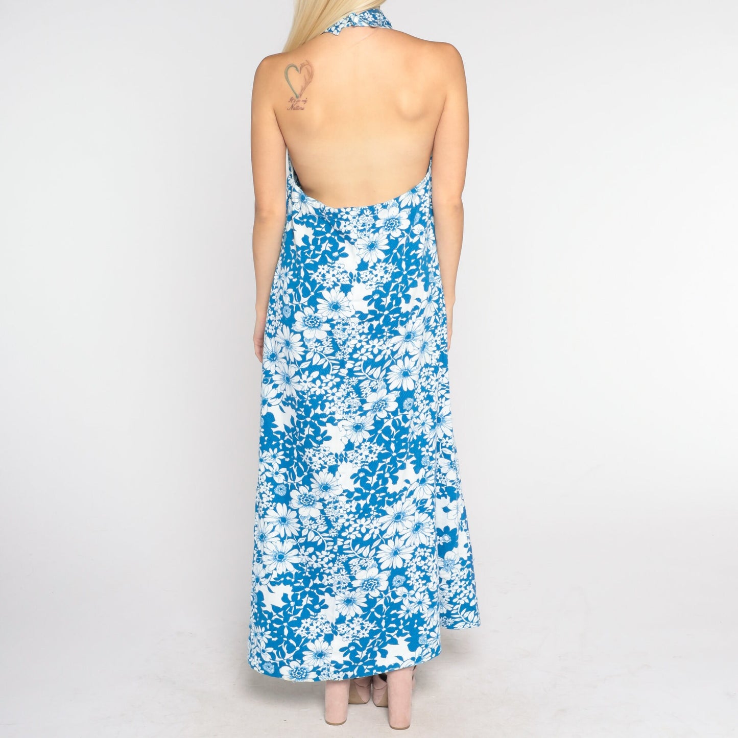 70s Blue Floral Maxi Dress Halter Neck Open Back Cotton Medium Petite