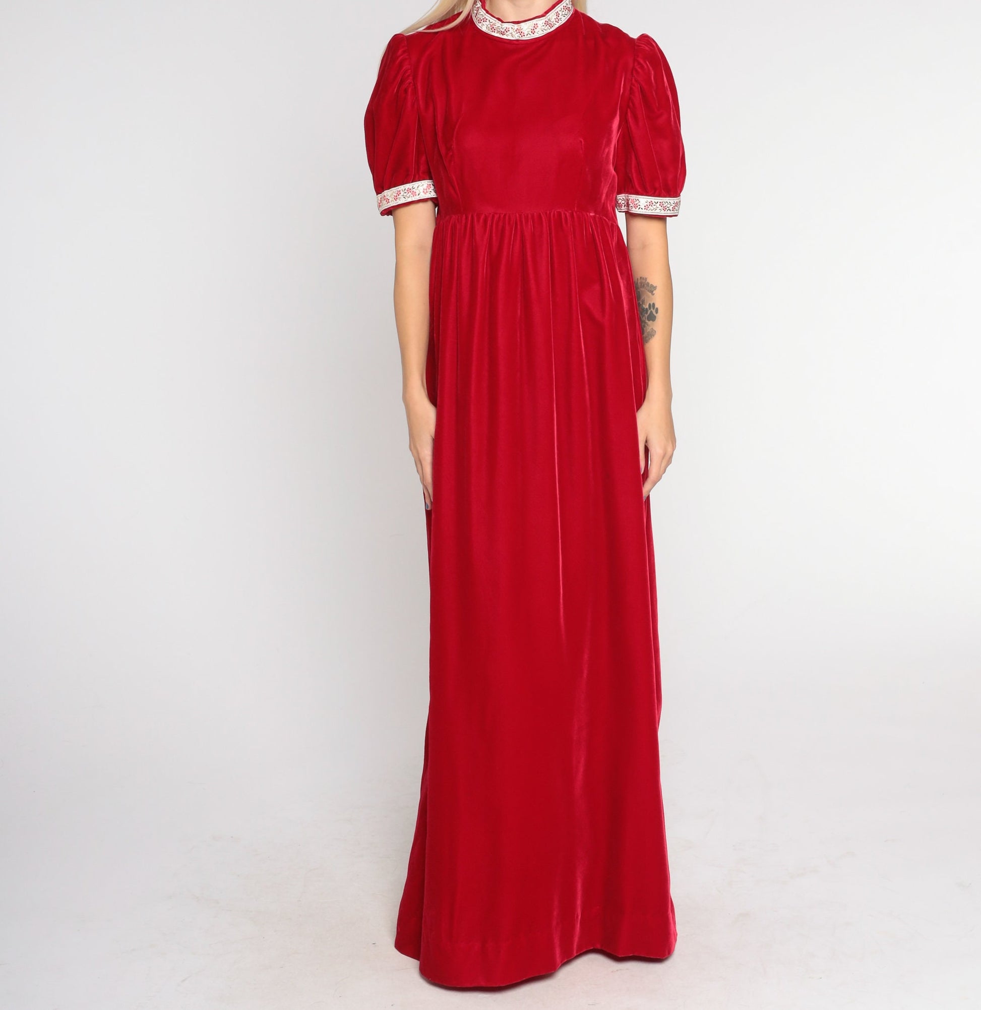 70s Red Velvet Maxi Dress Puff Sleeve High Waist Floral Ribbon Trim Small