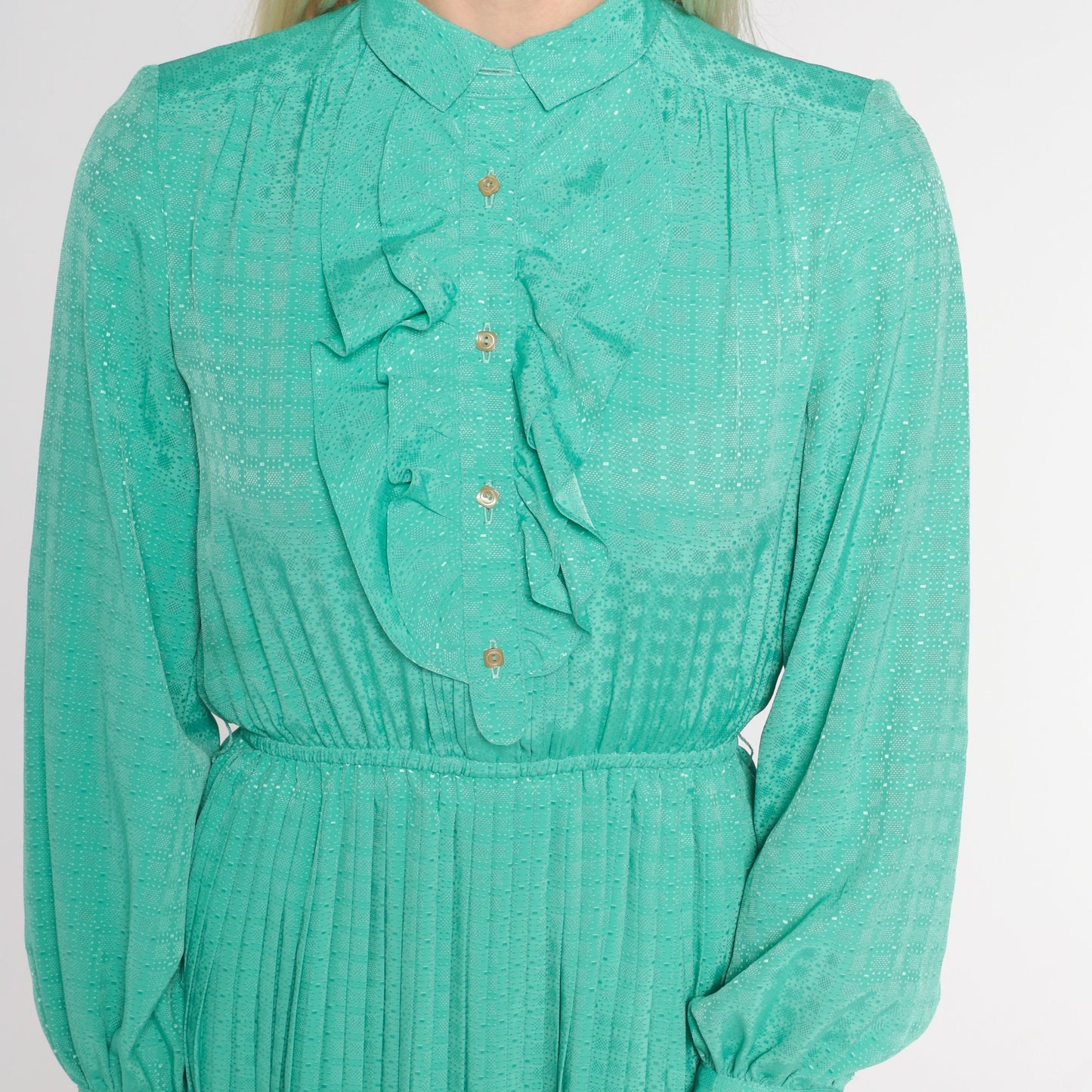 80s Seafoam Green Midi Dress High Waist Pleated Tuxedo Ruffle Small