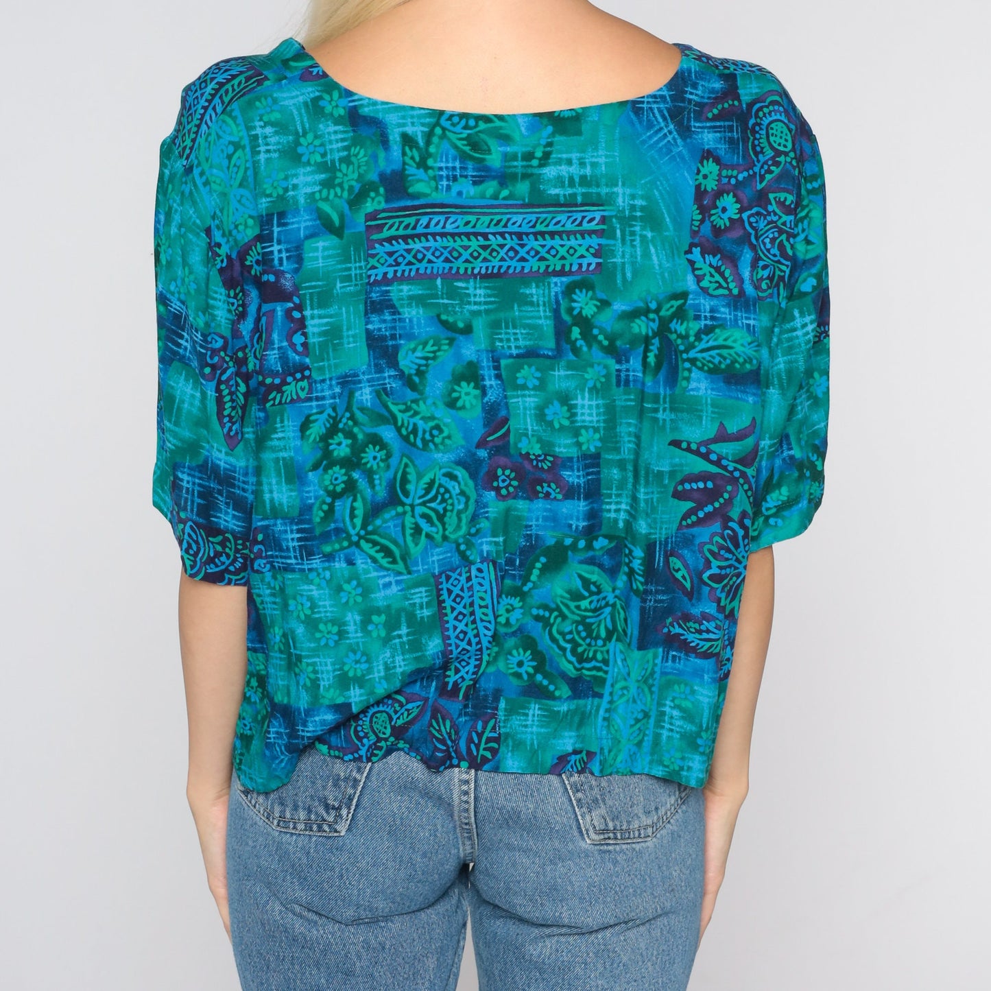 90s Blue Floral Rayon Blouse Open Front Button Up Short Sleeve Extra Extra Large XXL