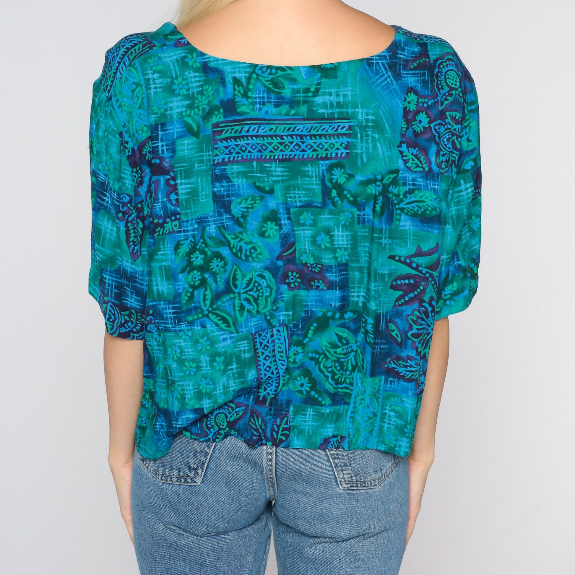 90s Blue Floral Rayon Blouse Open Front Button Up Short Sleeve Extra Extra Large XXL