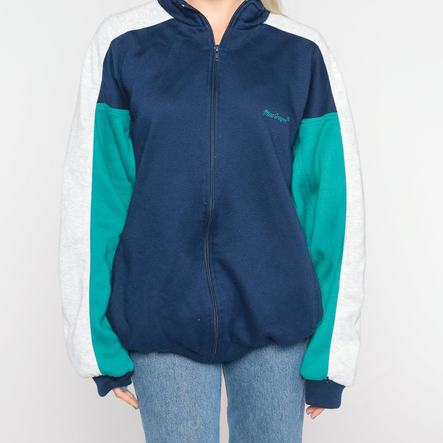 80s MacGregor Track Jacket Zip Up Sweatshirt Blue Green Colourblock Large L