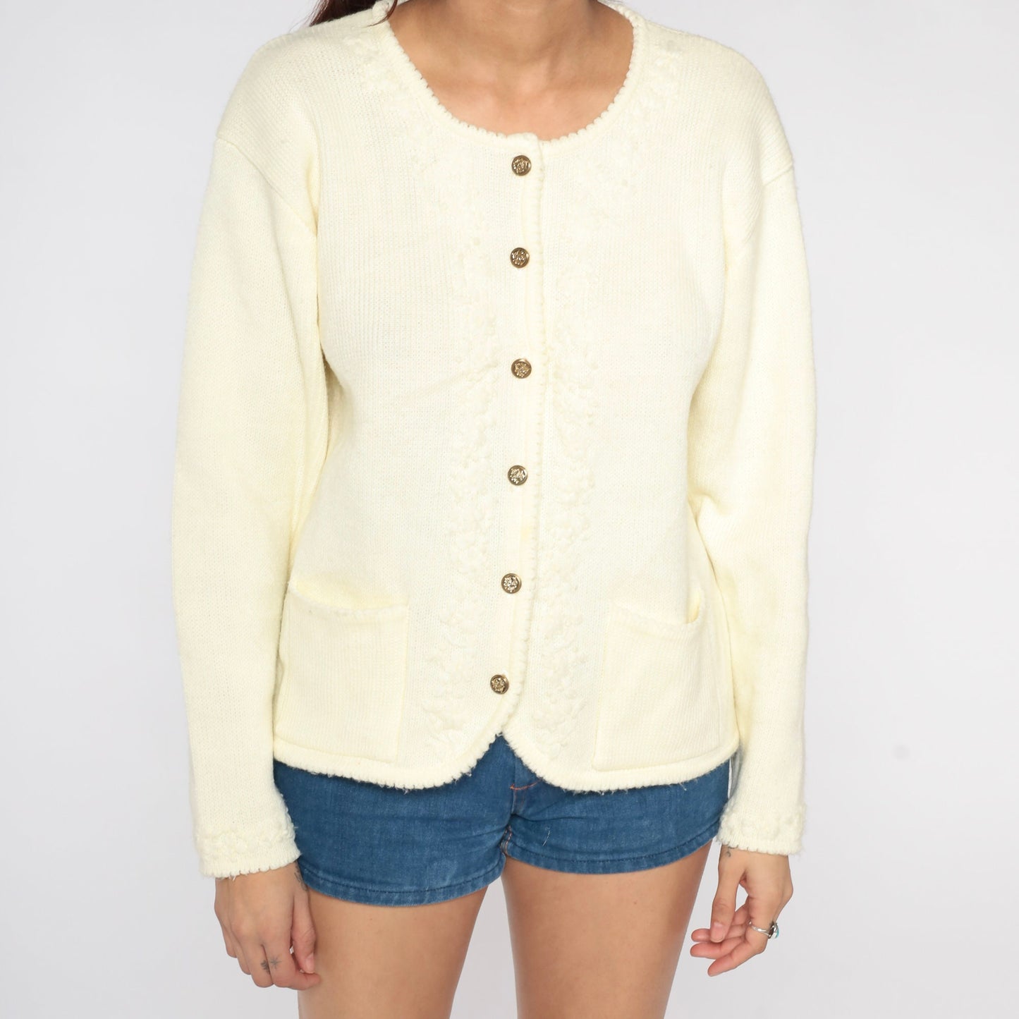 80s Floral Embroidered Cardigan Cream Button-Up Knit Sweater Medium Large
