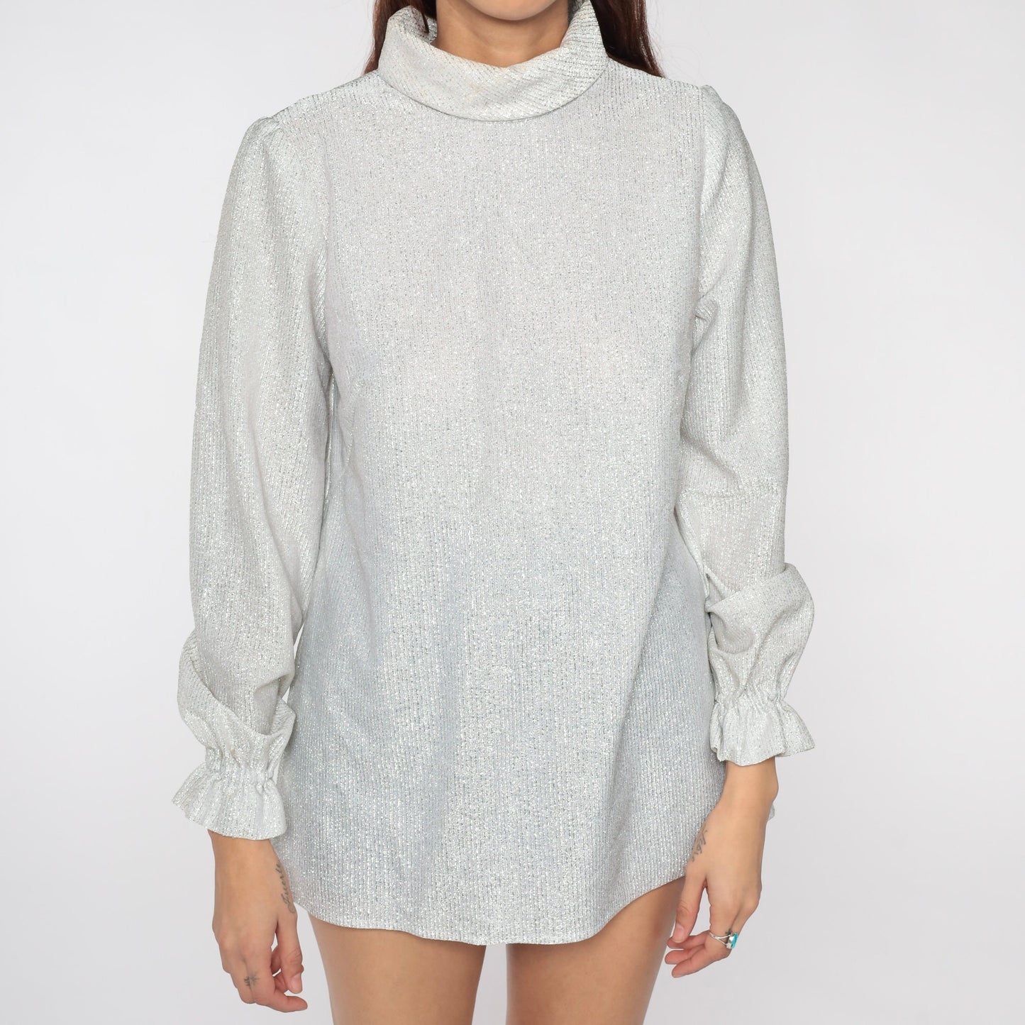 70s Silver Metallic Turtleneck Puff Sleeve Blouse Small