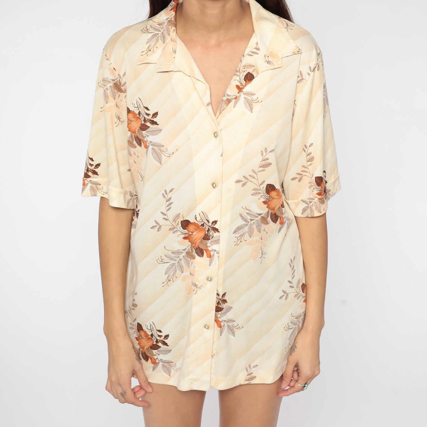 70s Gilda California Floral Leaf Print Button Up Blouse Cream Short Sleeve Extra Large