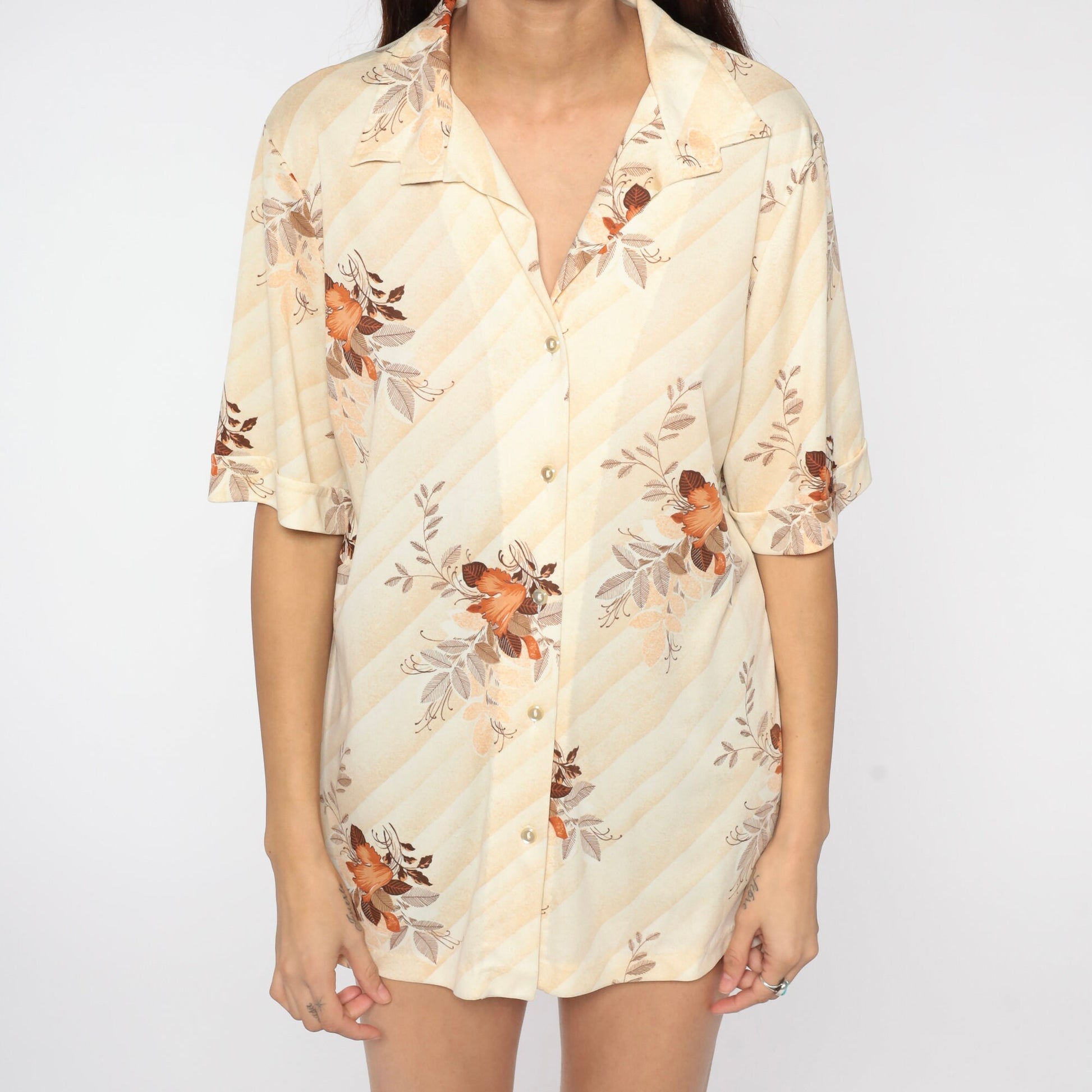 70s Gilda California Floral Leaf Print Button Up Blouse Cream Short Sleeve Extra Large