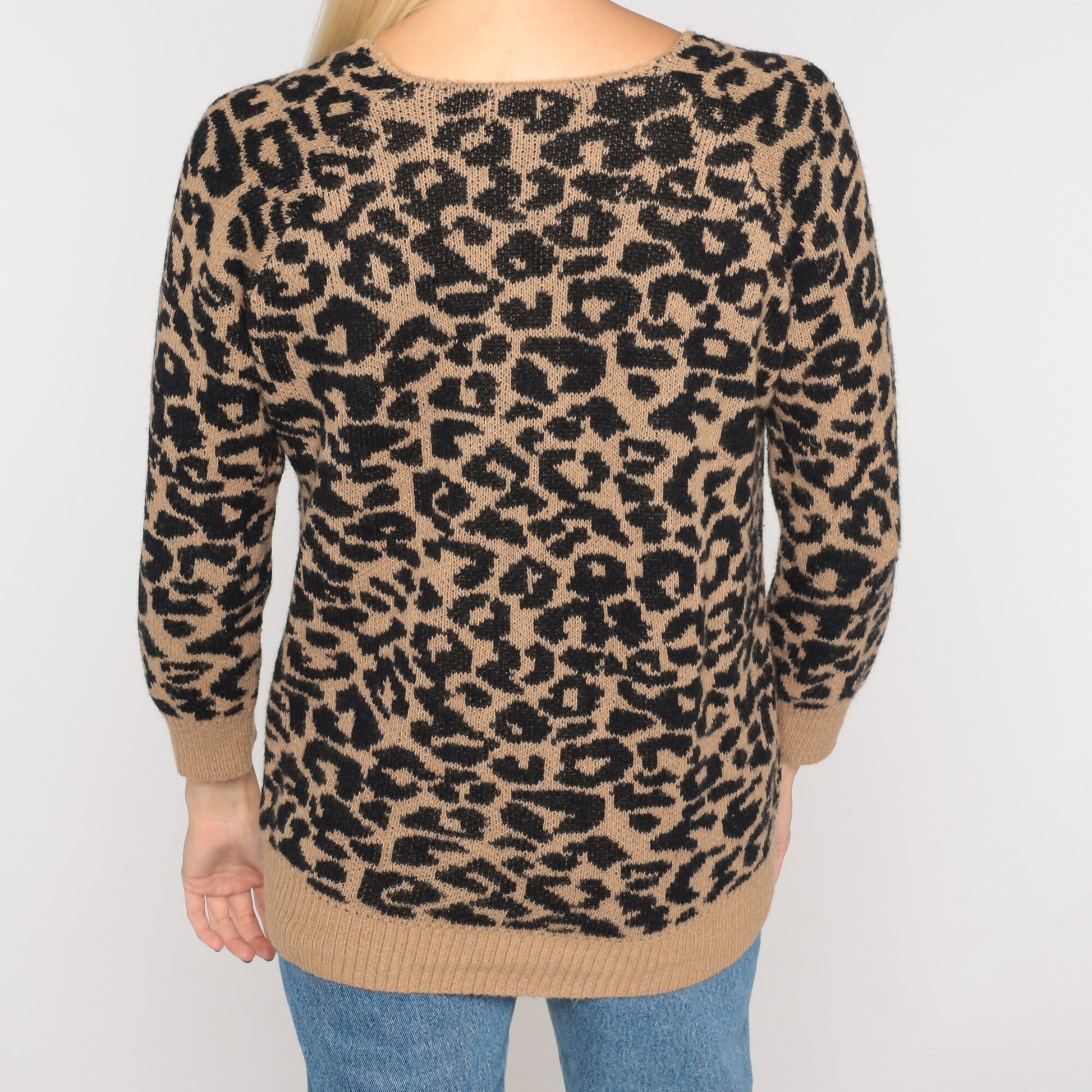 90s Leopard Print Sweater Animal Face Knit Pullover Medium M