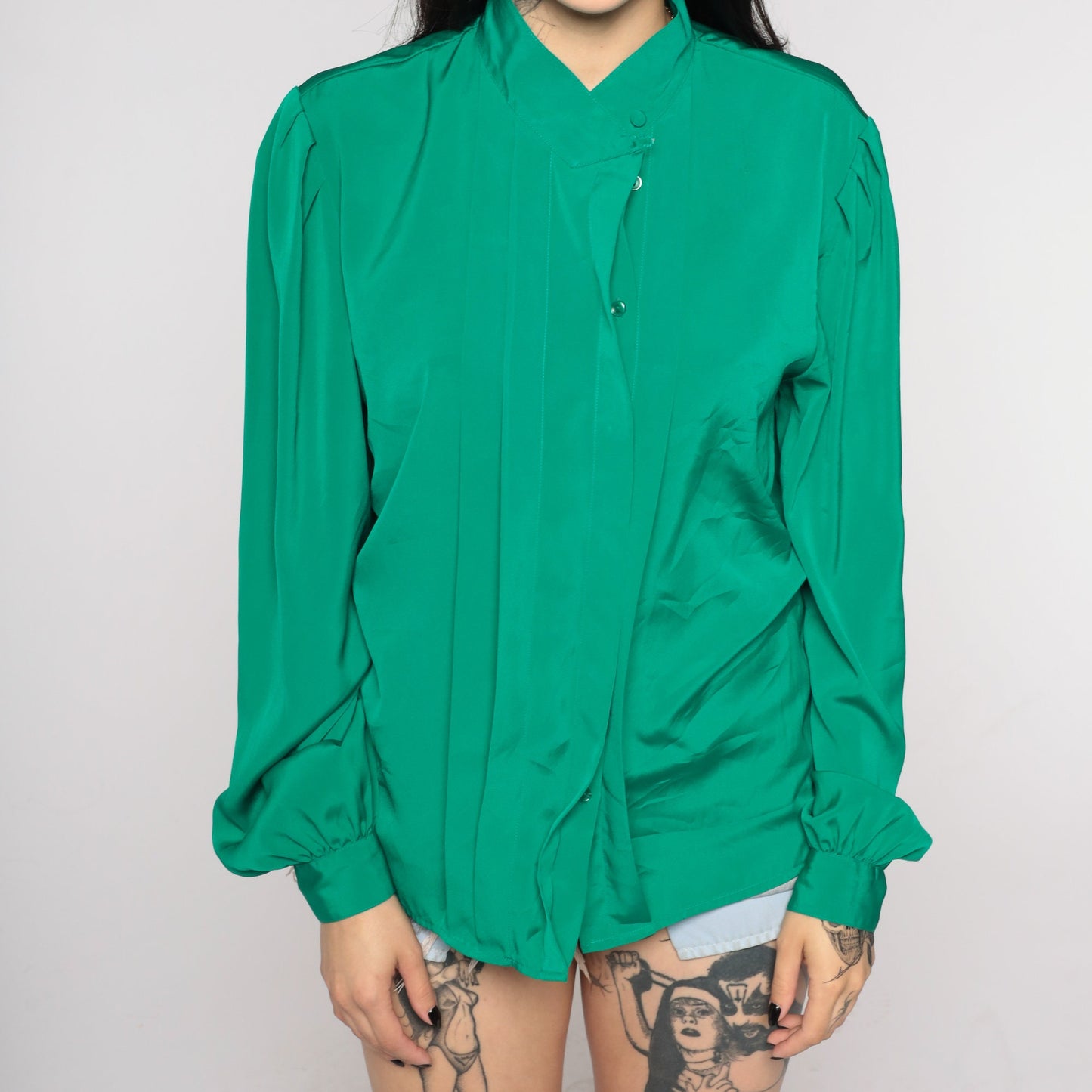 80s Green Pleated Blouse Puff Sleeve Collared Button-Up Medium