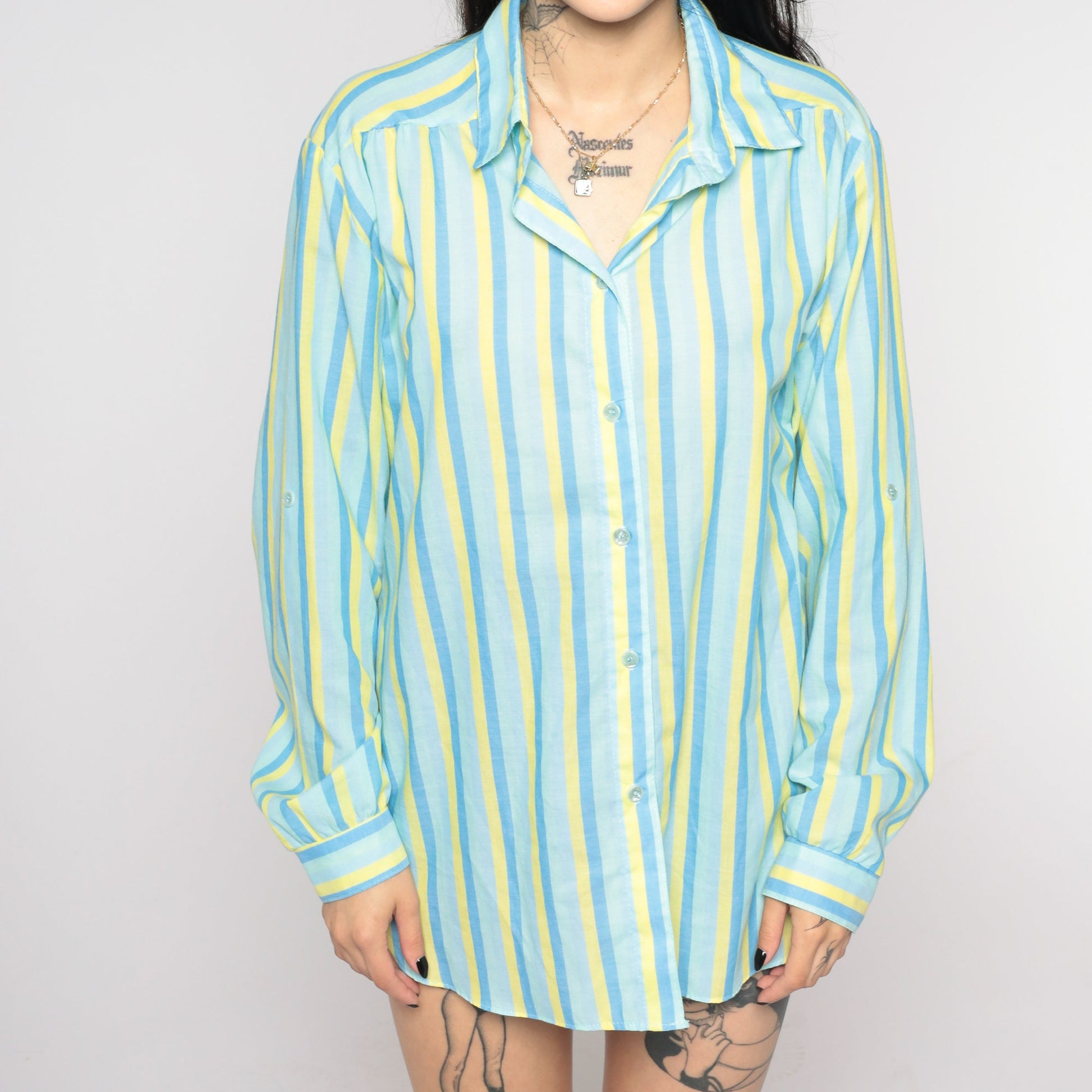 80s Blue & Yellow Striped Button-Up Blouse Notched Collar Long Sleeve Medium