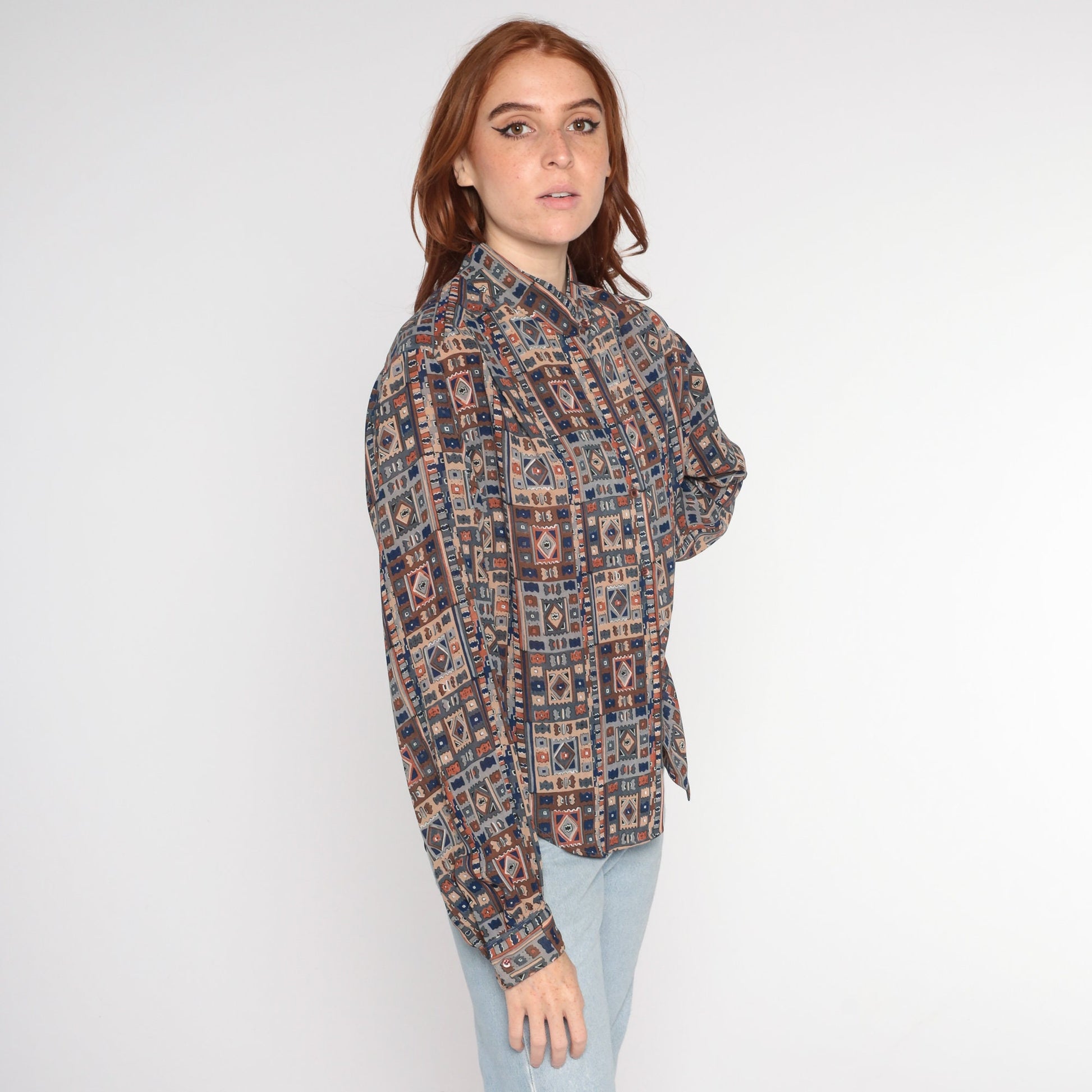 80s Geometric Print Button Up Blouse Mandarin Collar Balloon Sleeve Medium