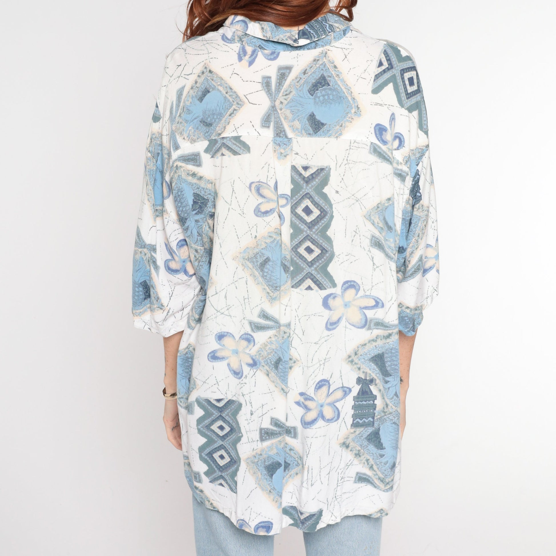 Y2K Tropical Pineapple Print Button Up Shirt White Blue Abstract Mens Large