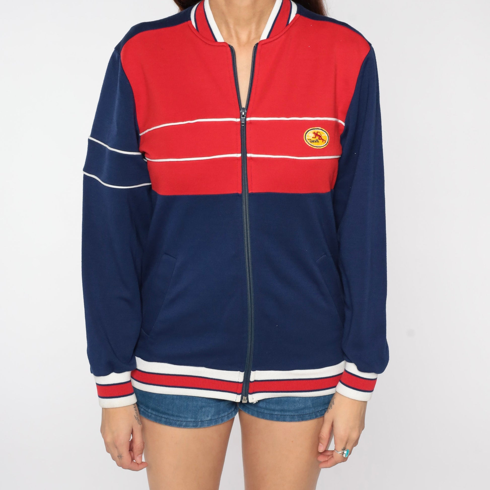 80s Devil Action Wear Track Jacket Blue Red Striped Crest Small