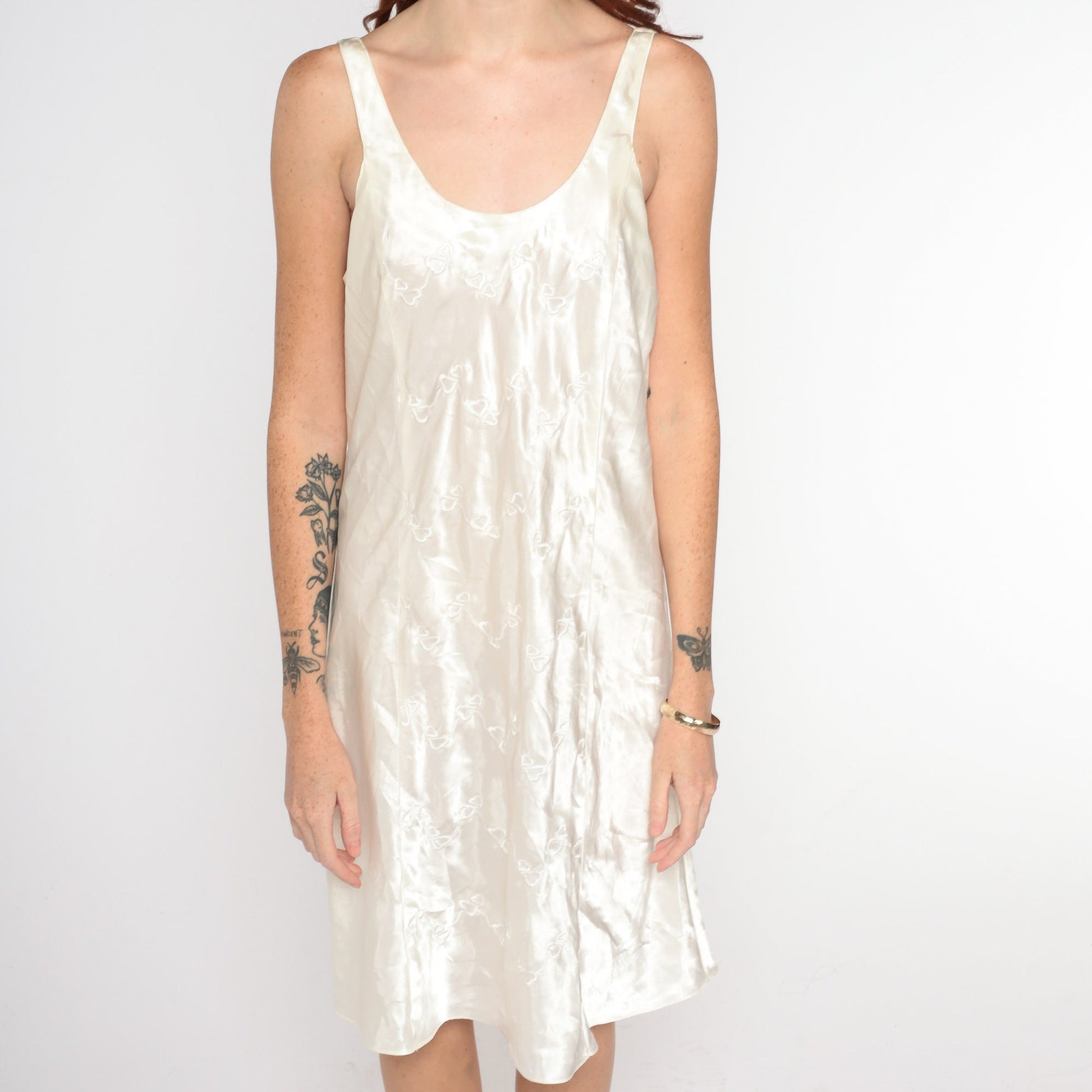 90s Ivory Slip Dress Embroidered Hearts Low Back Sleeveless Mini Nightgown Medium