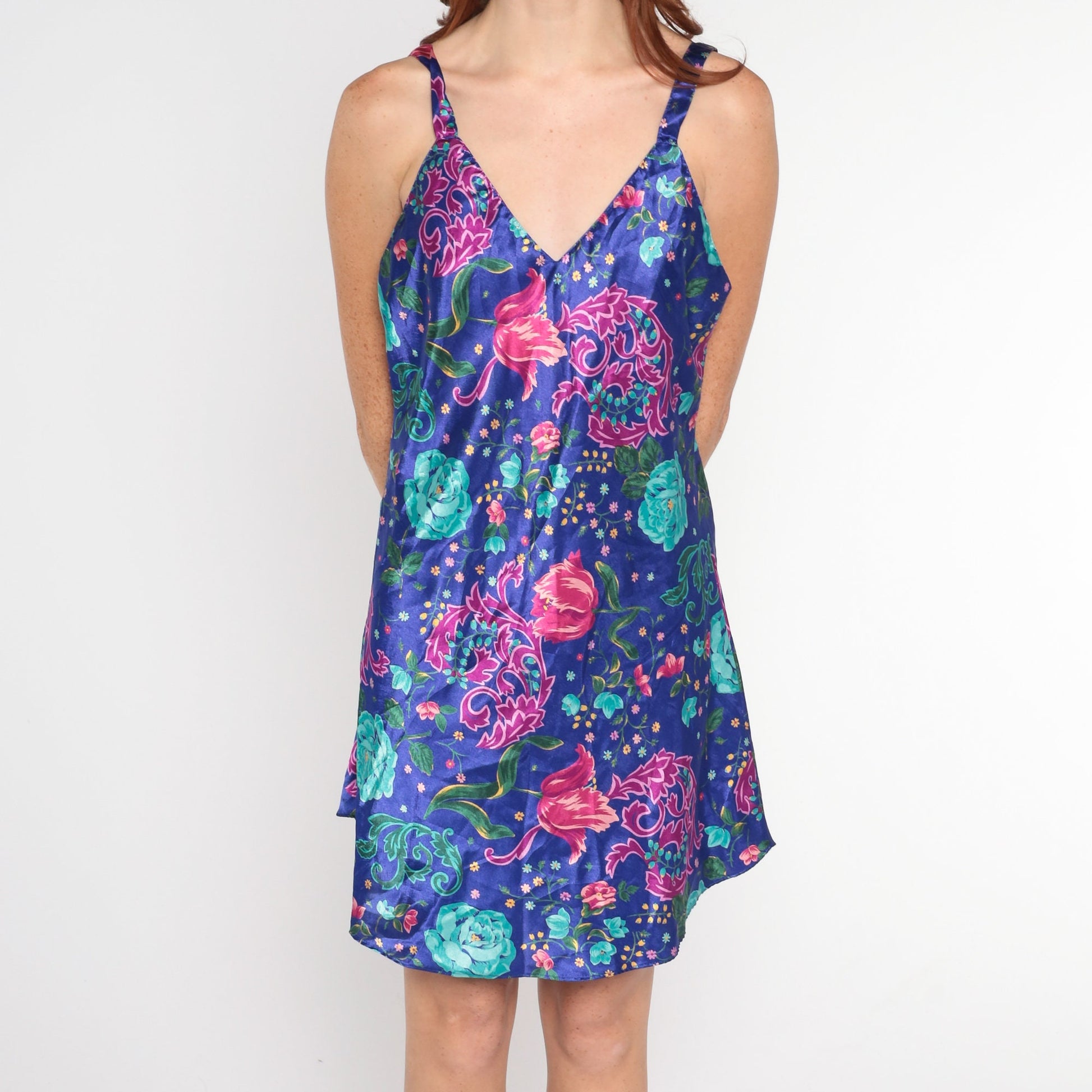 00s Floral Blue Mini Slip Dress Sleeveless V-Neck Nightgown Small Medium