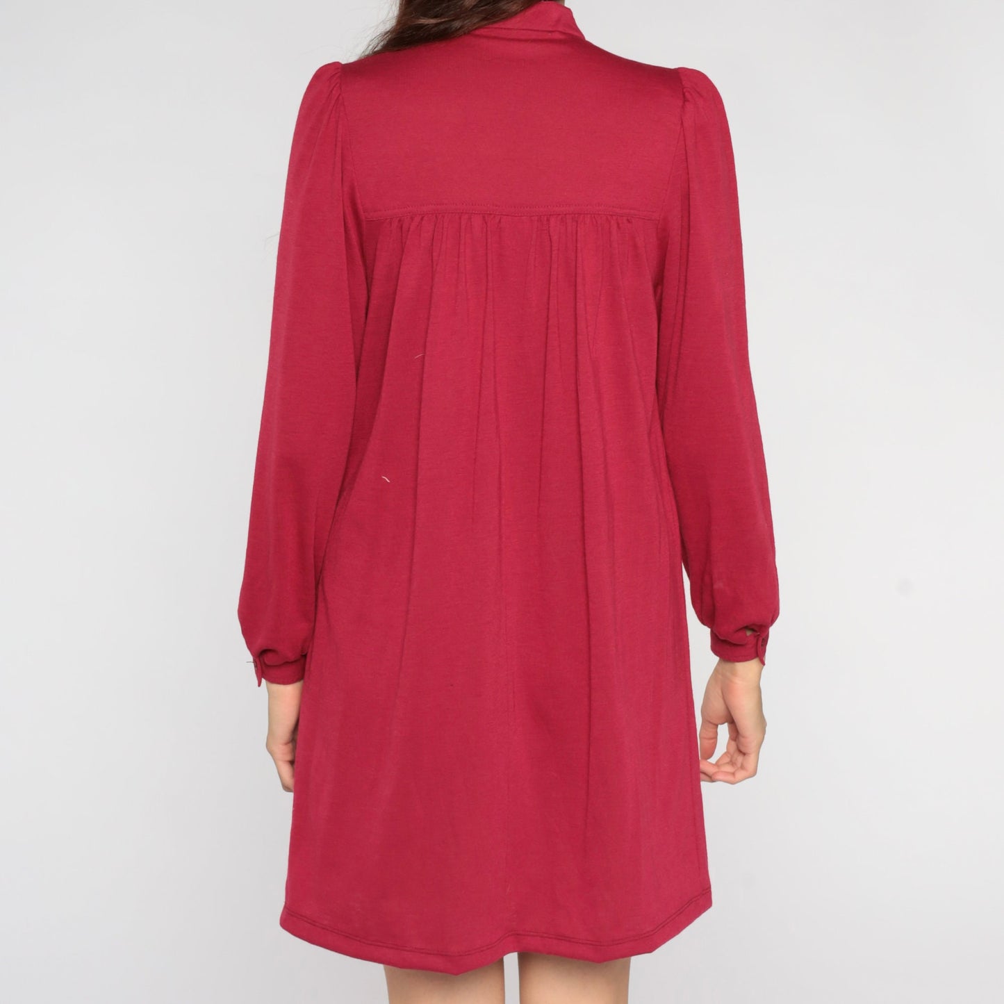 70s Leslie Fay Berry Red Mini Dress Puff Sleeve Button Bib Medium