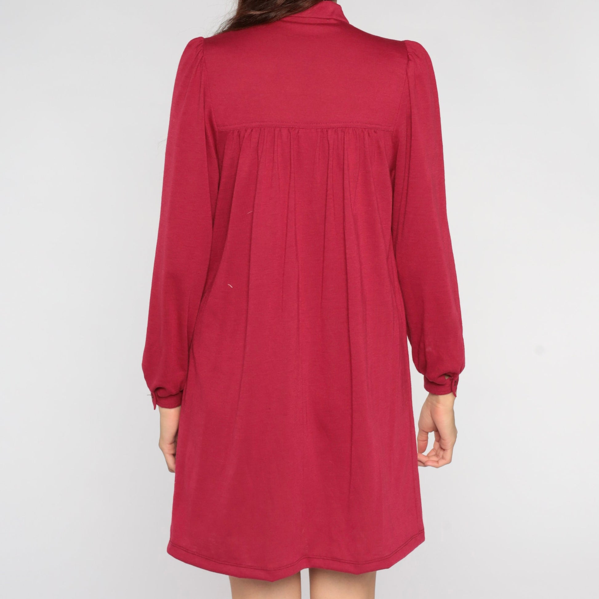 70s Leslie Fay Berry Red Mini Dress Puff Sleeve Button Bib Medium