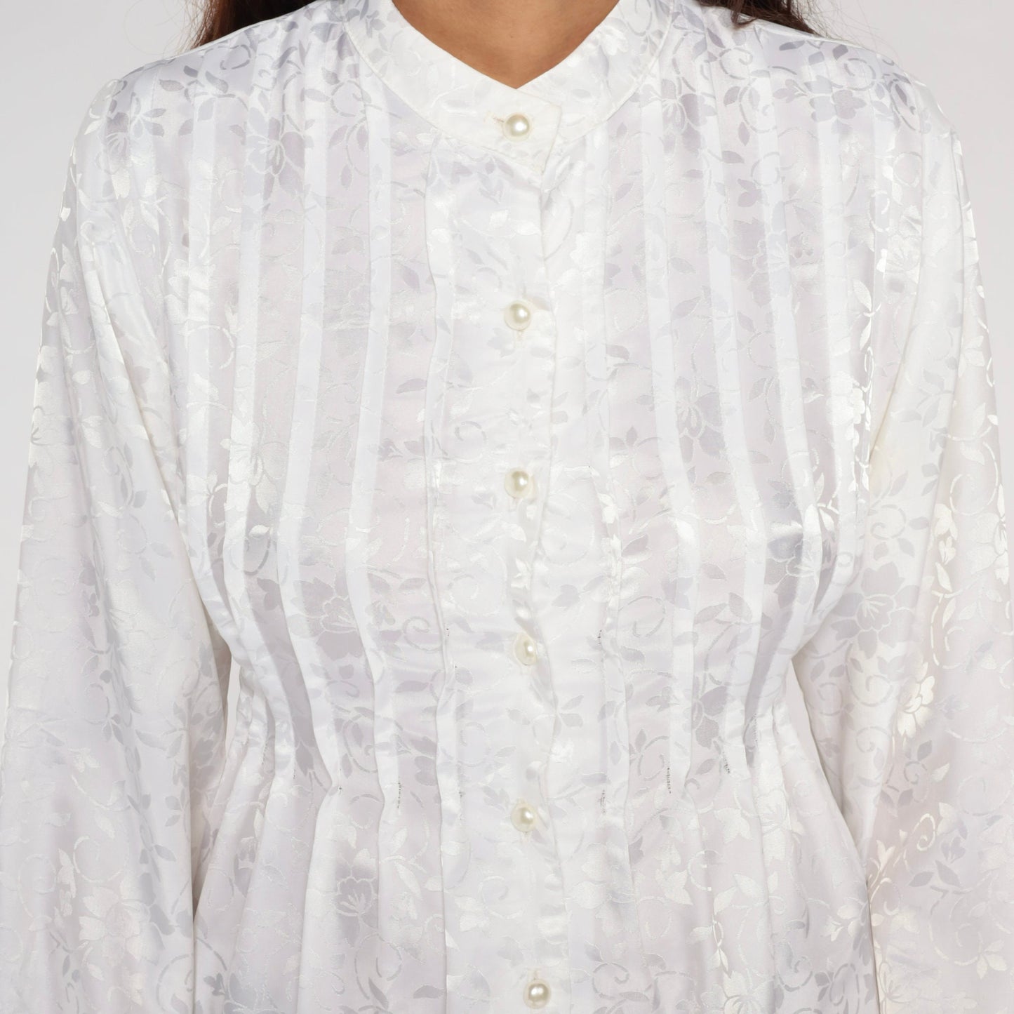 80s White Embossed Floral Mini Shirtdress Long Sleeve Pearl Buttons Extra Small