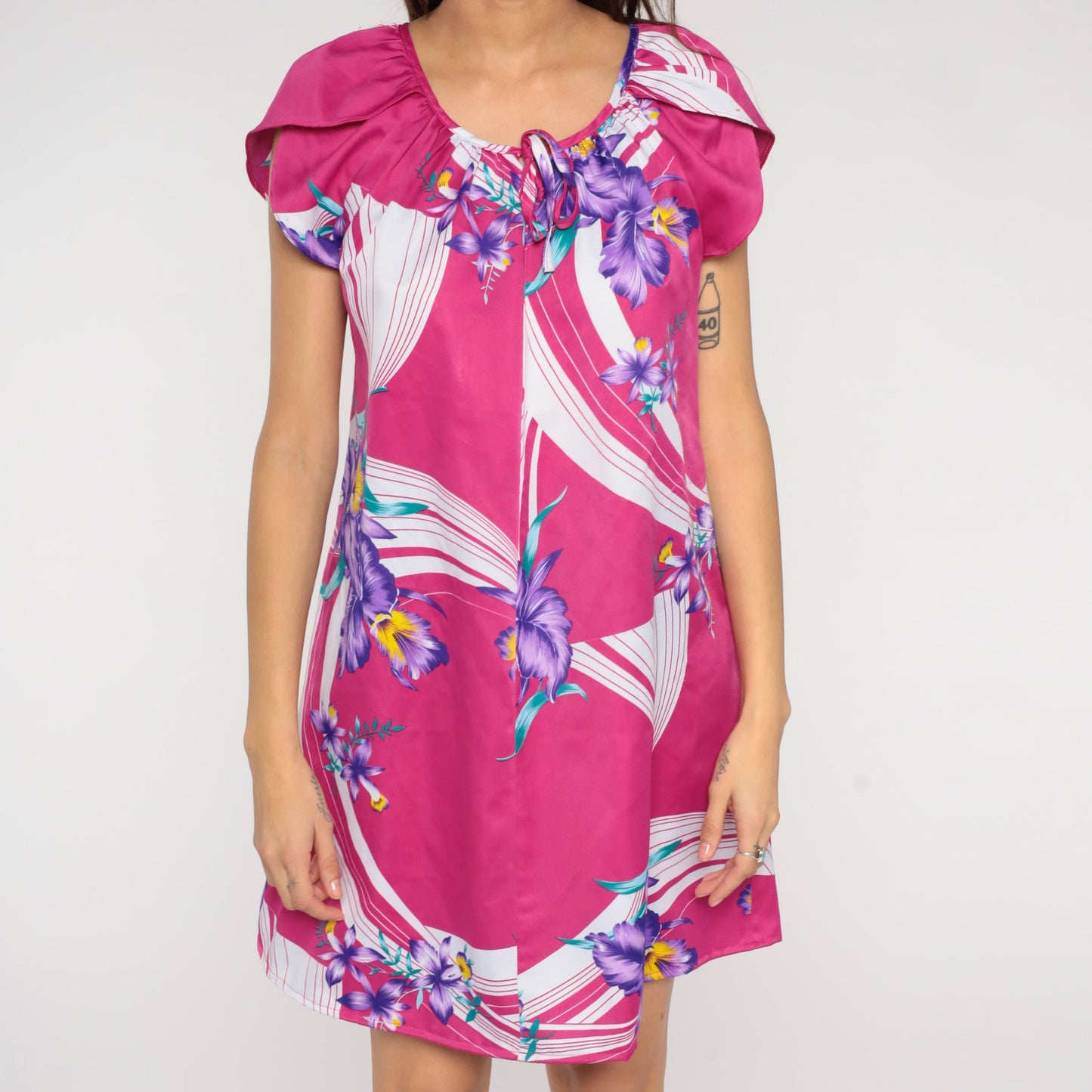 80s Pink Tropical Floral Mini Dress Tulip Sleeve Shift Medium M