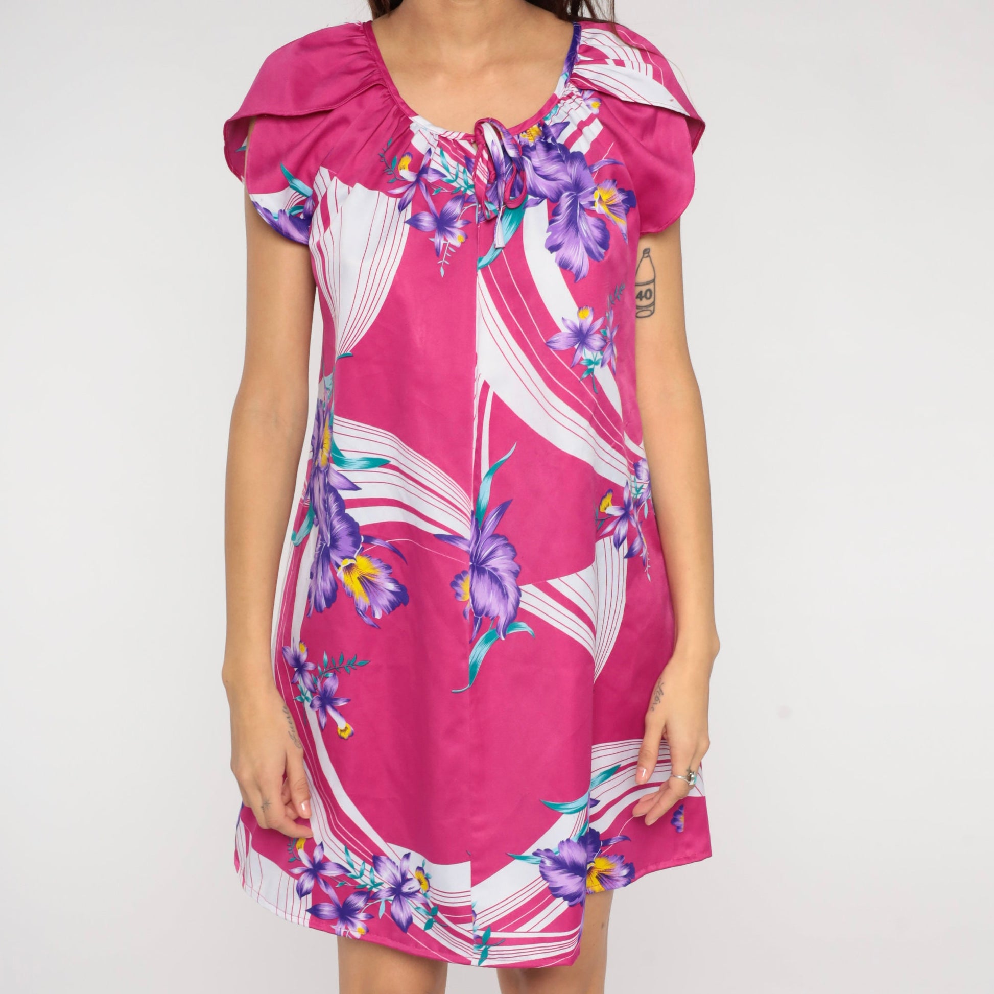 80s Pink Tropical Floral Mini Dress Tulip Sleeve Shift Medium M