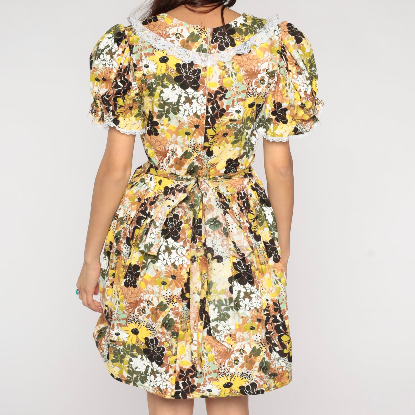 00s Floral Mini Dress Puff Sleeve High Waist Pleated Skirt Medium