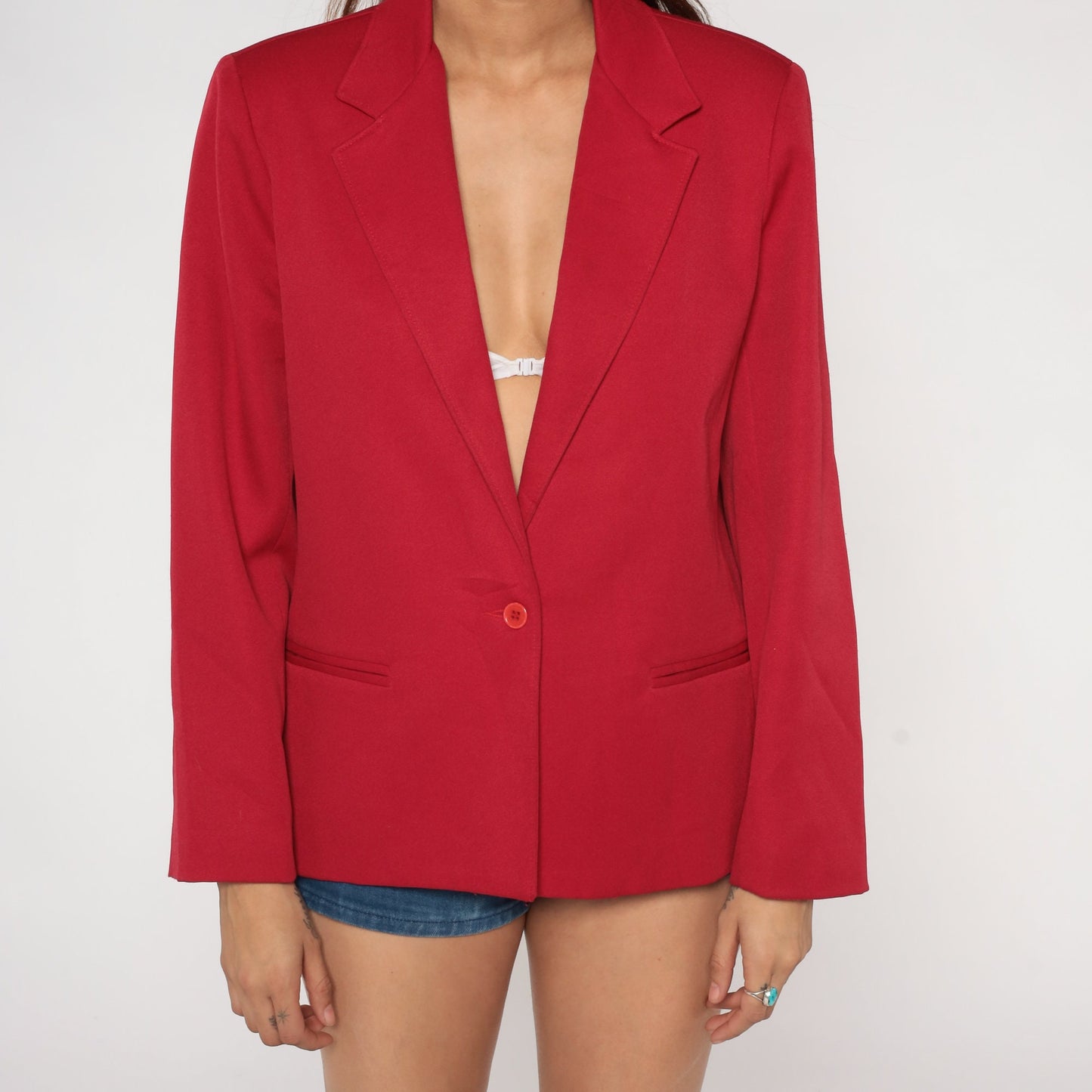 80s Red Blazer Jacket Button-Up Solid Formal Office Wear Medium M