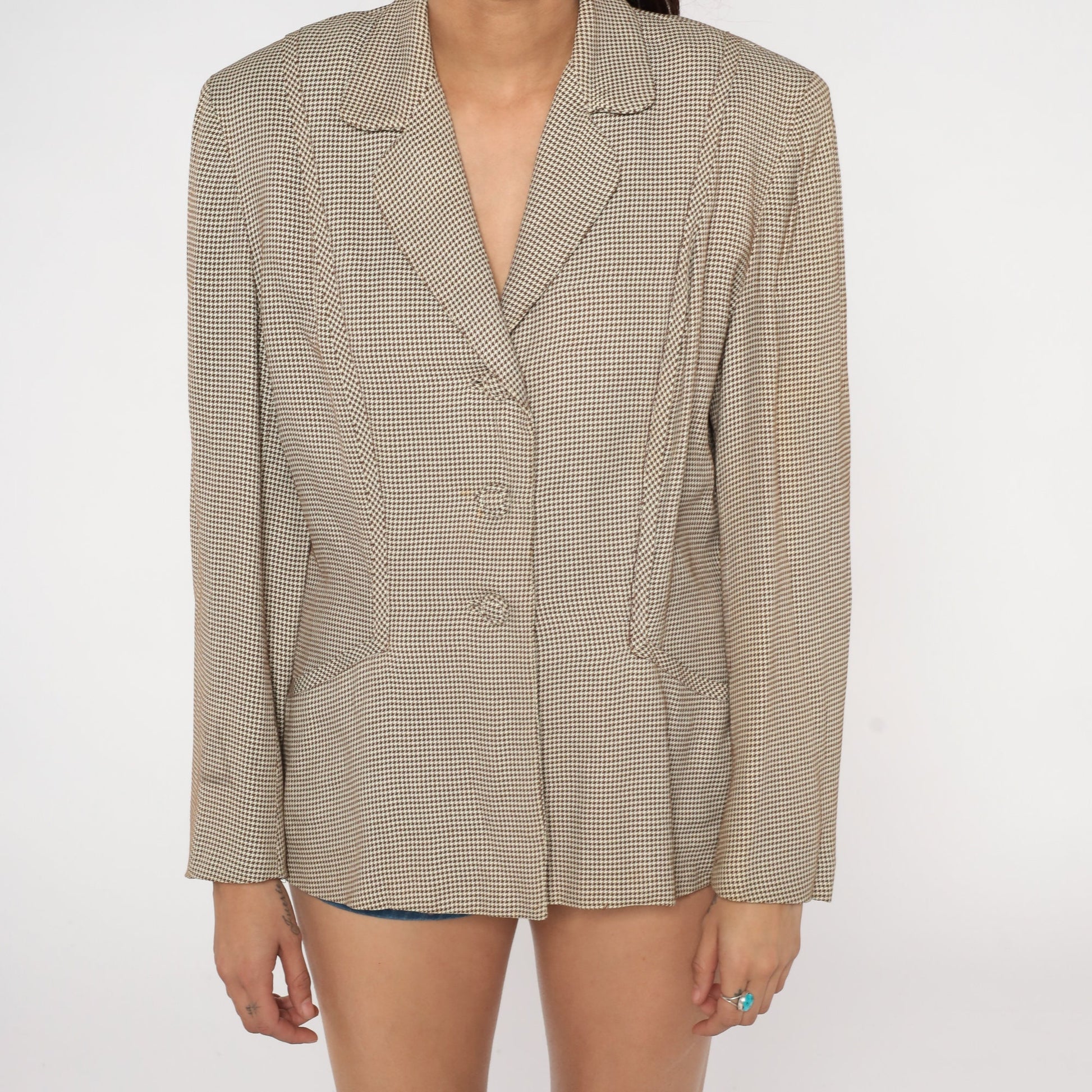 60s Brown Houndstooth Blazer Button-Up Jacket Checkered Wool Large L