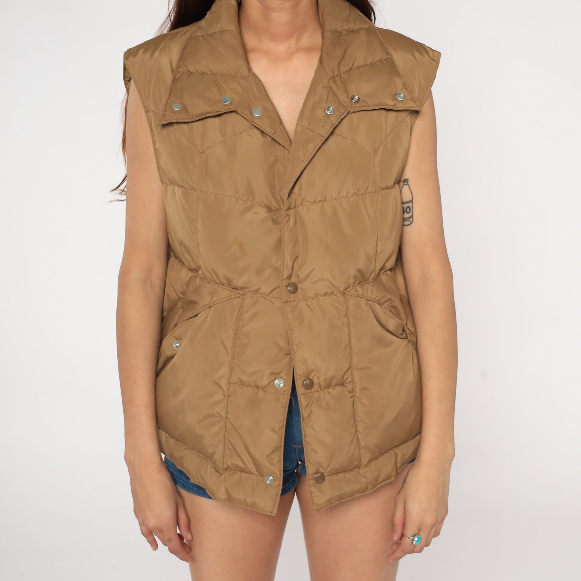 80s Tan Puffer Vest Down Fill Nylon Snap Front Sleeveless Jacket Extra Large