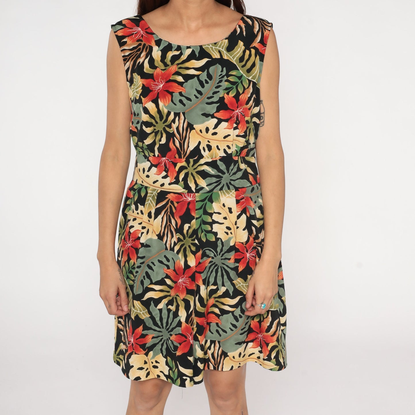 90s Black Tropical Floral Leaf Print Mini Dress Sleeveless Keyhole Back Large L