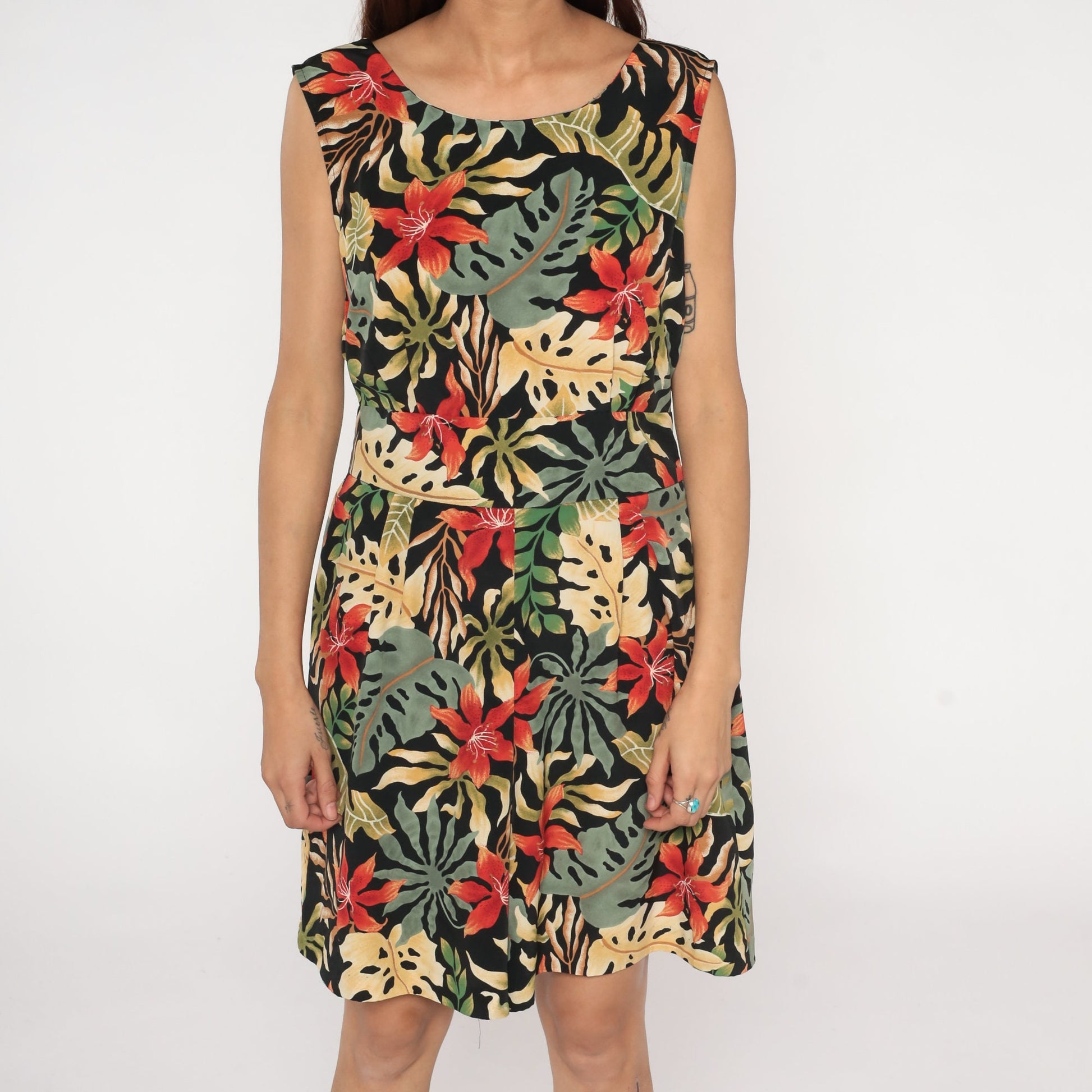 90s Black Tropical Floral Leaf Print Mini Dress Sleeveless Keyhole Back Large L