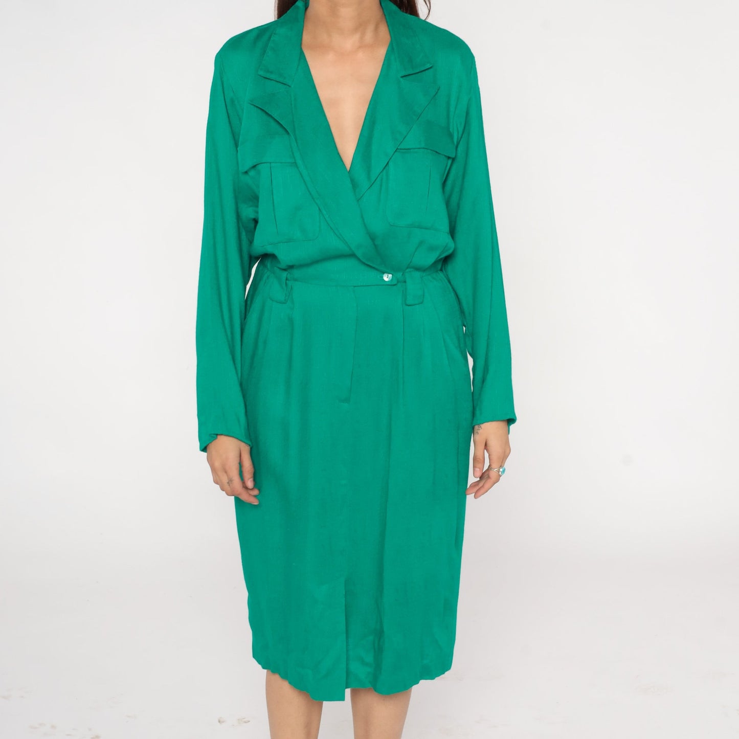 80s Green Midi Wrap Dress Button-Up Collar Pockets Long Sleeve Small