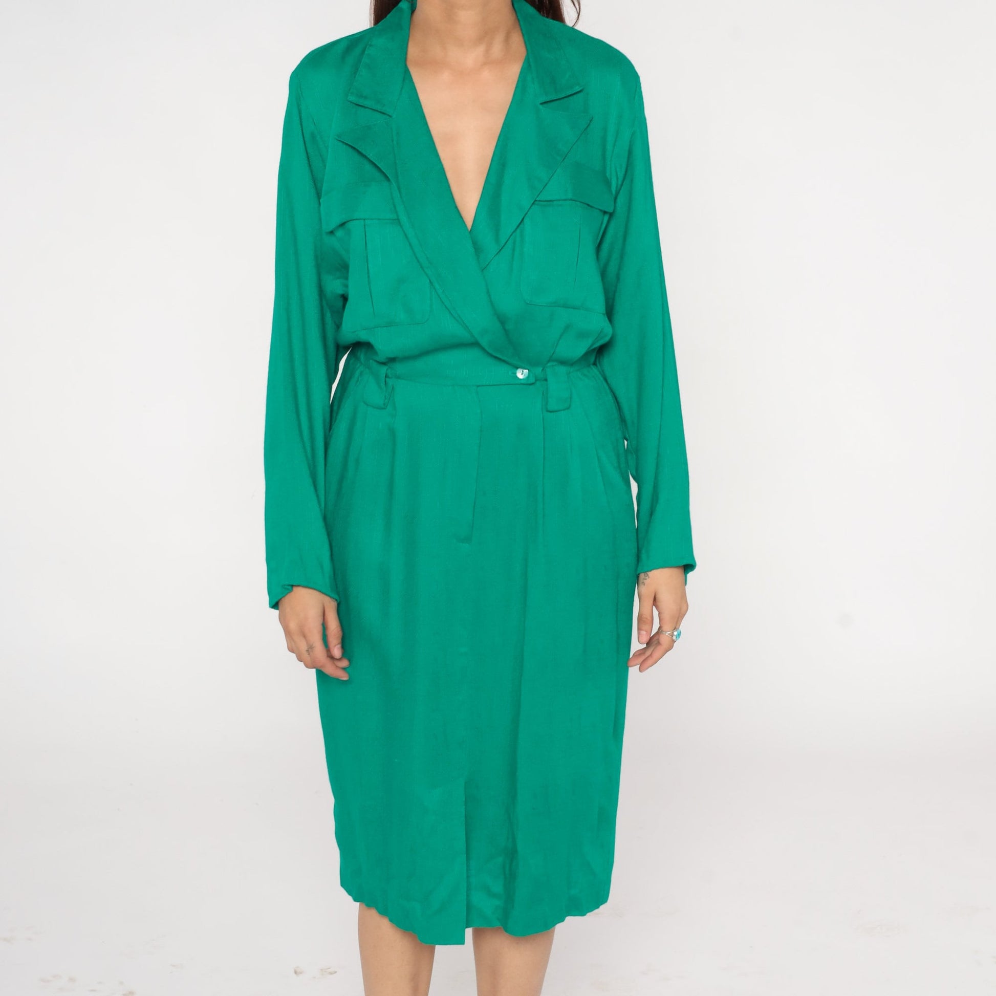 80s Green Midi Wrap Dress Button-Up Collar Pockets Long Sleeve Small